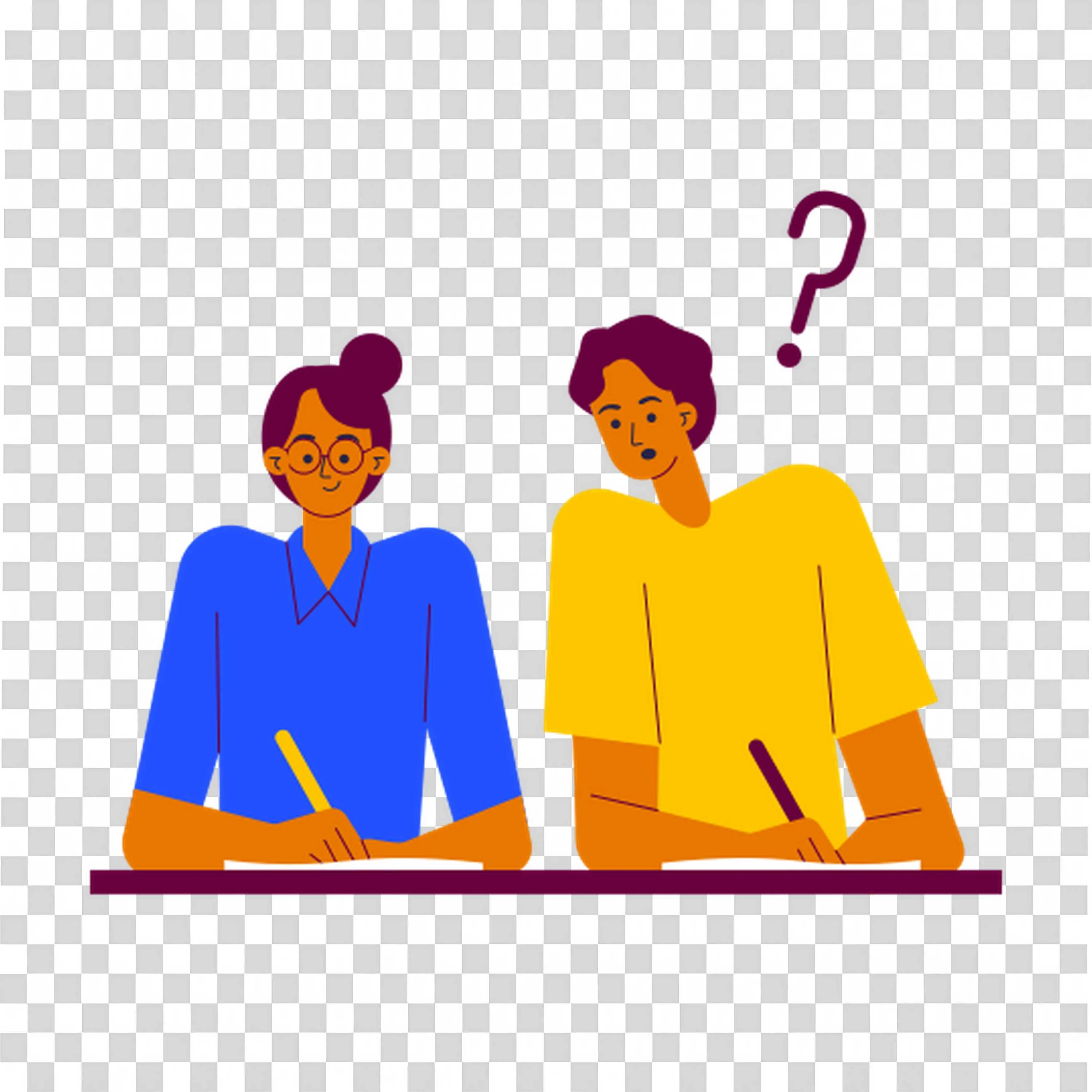 Two Students Writing and One Looking Confused Free PNG Image