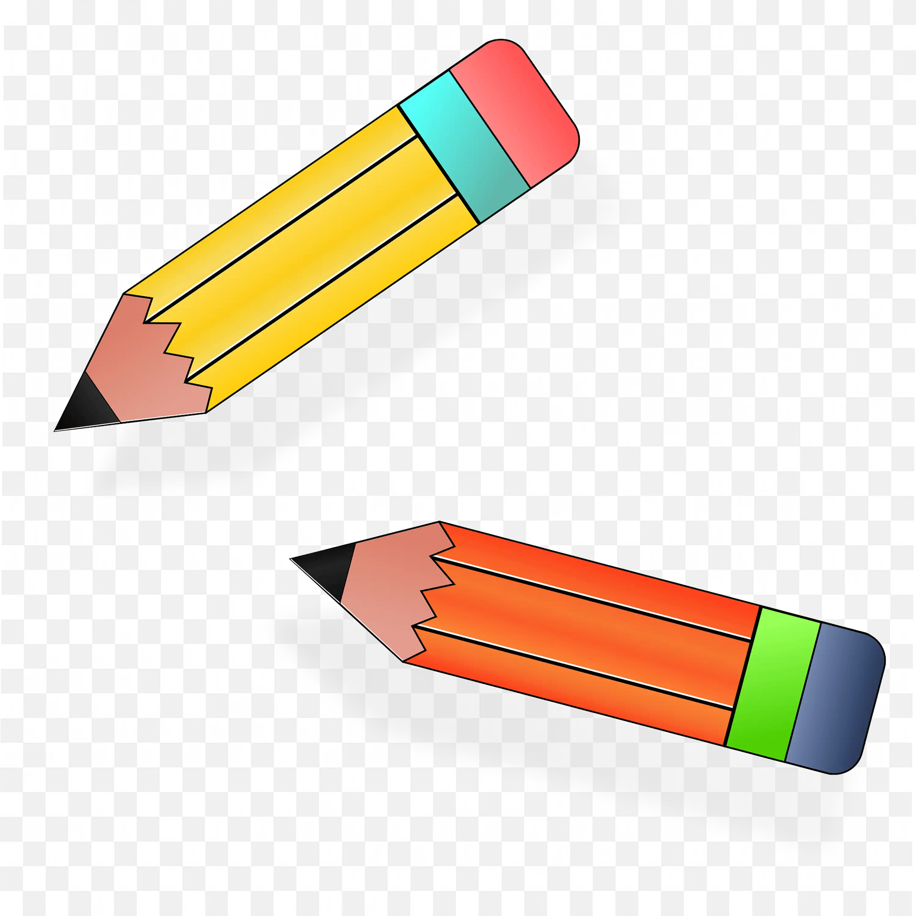 Two Vibrant Coloured Pencils with Erasers and Shadows PNG