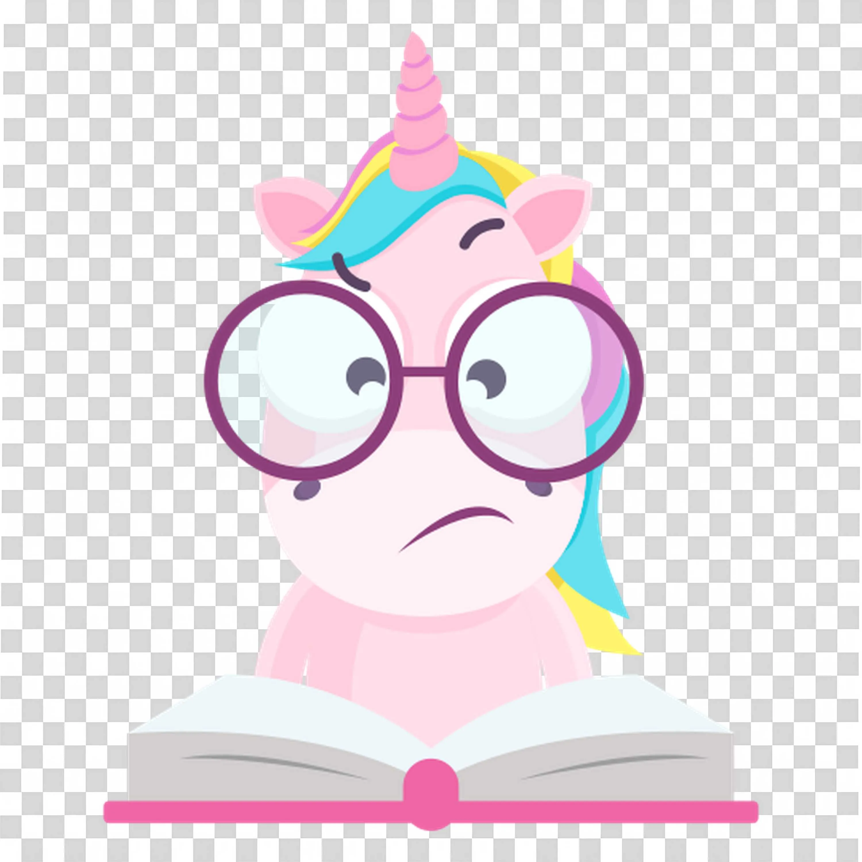 Unicorn with Glasses Reading a Big Open Book Carefully Png