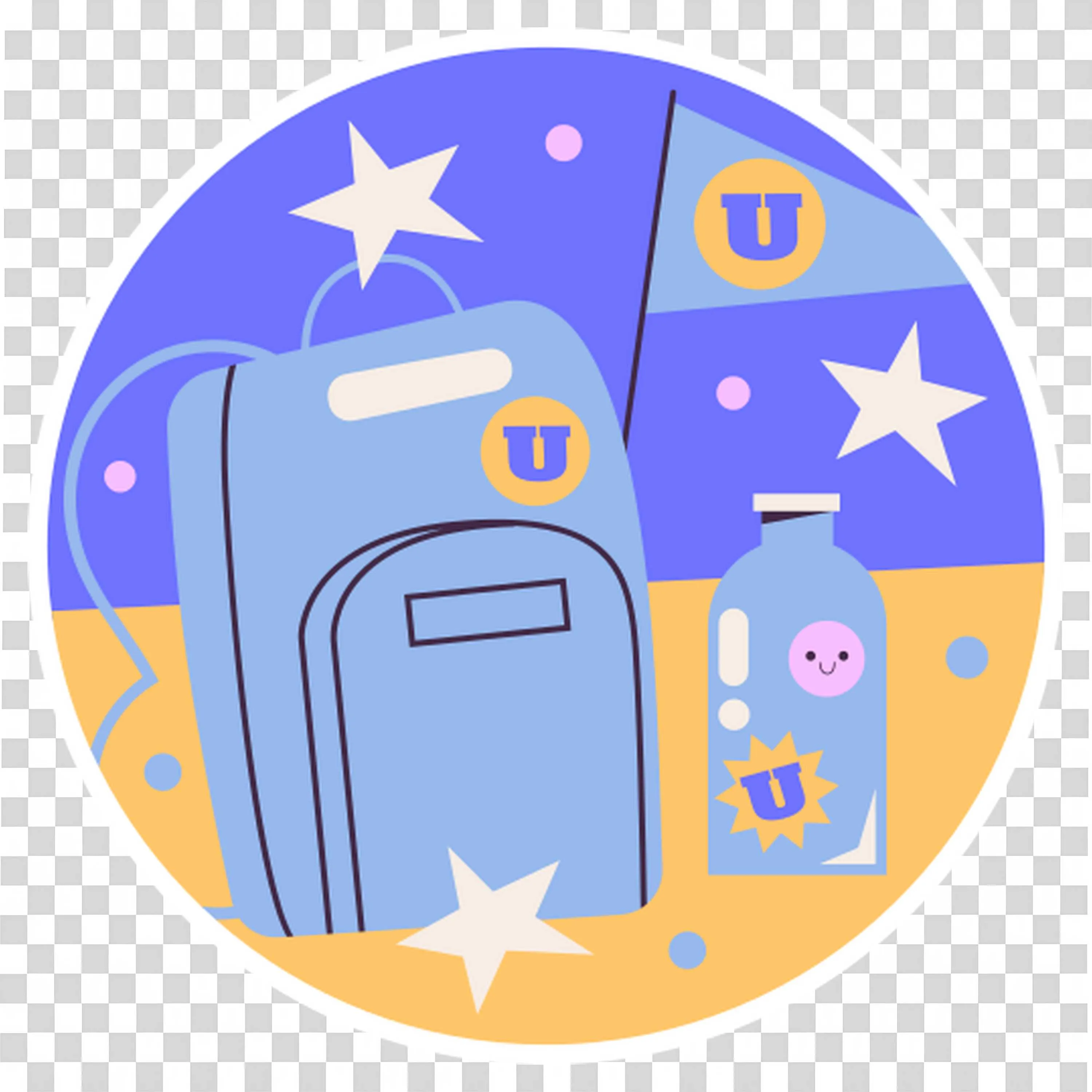 University Blue Backpack with Flag and Bottle PNG Image