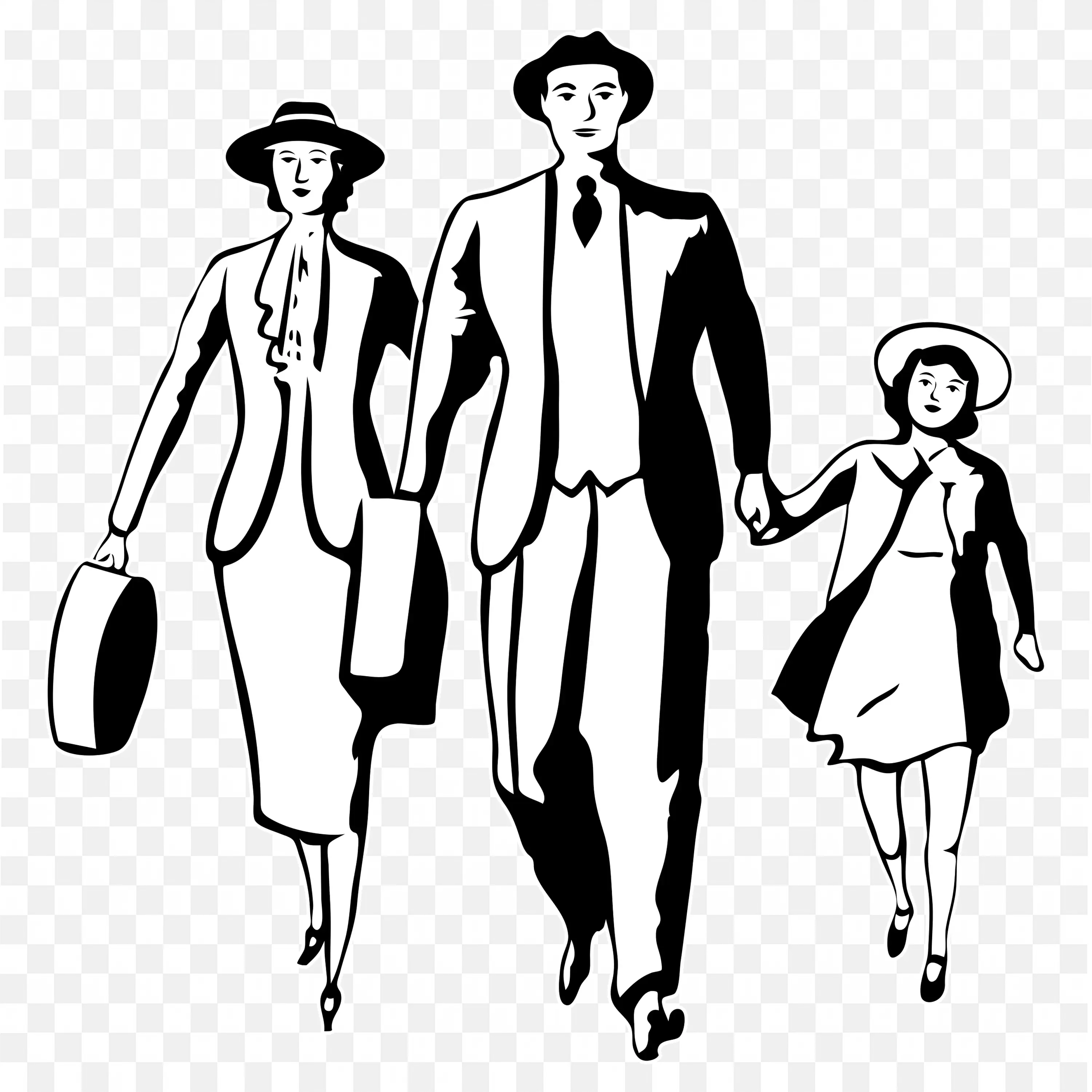 Vintage Family Graphic Walking with Luggage PNG Image Free