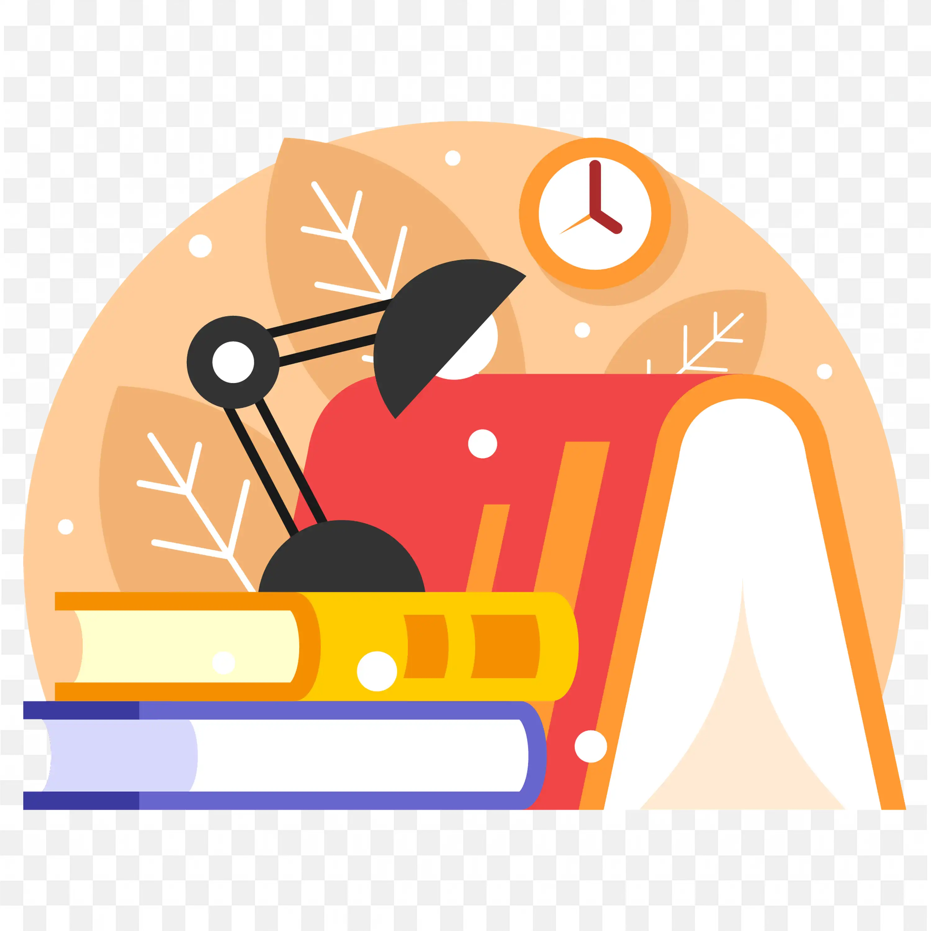 Warm Cartoon Study Setup with Books a Lamp and a Clock PNG