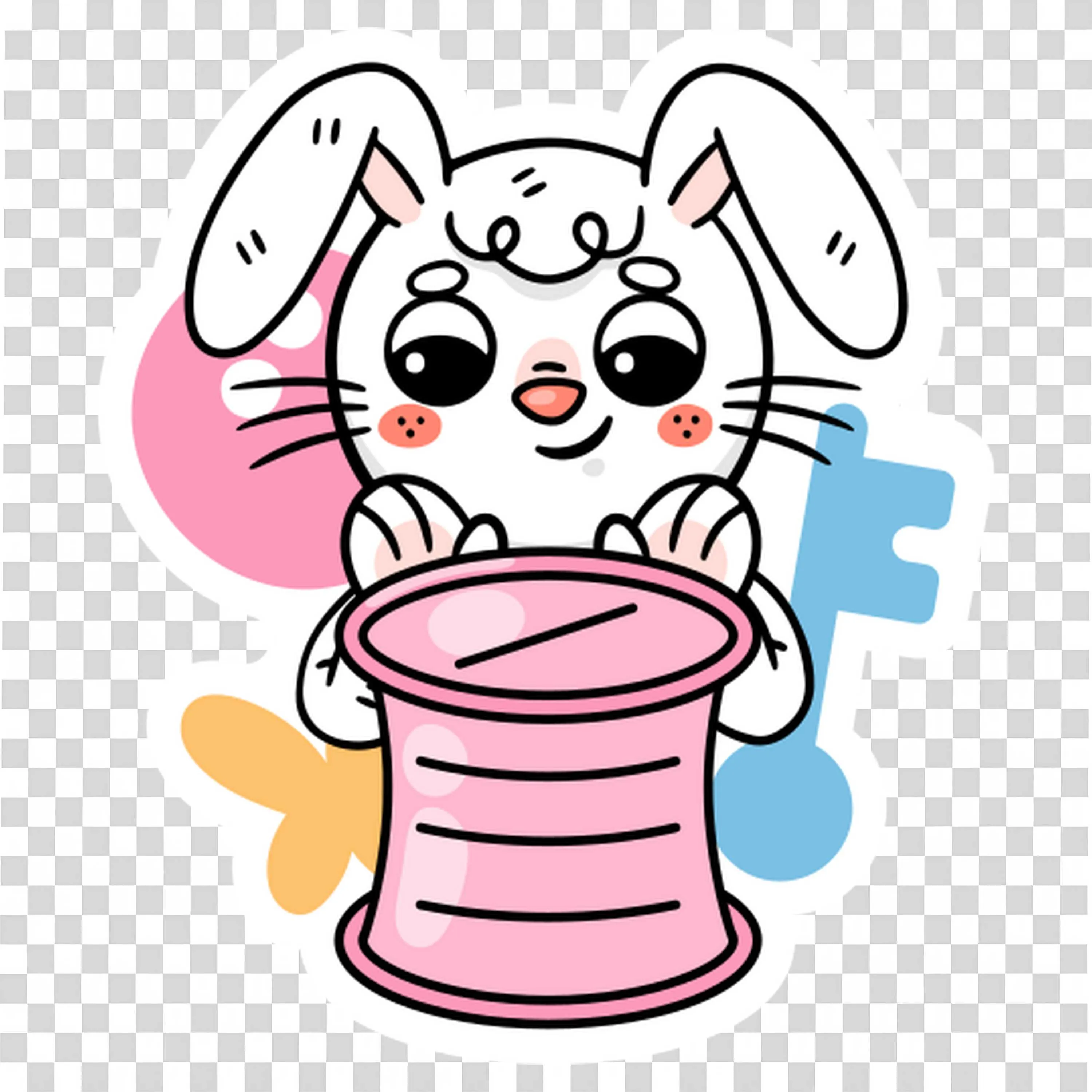 White Bunny Holding Pink Spool with Colourful Shapes Behind