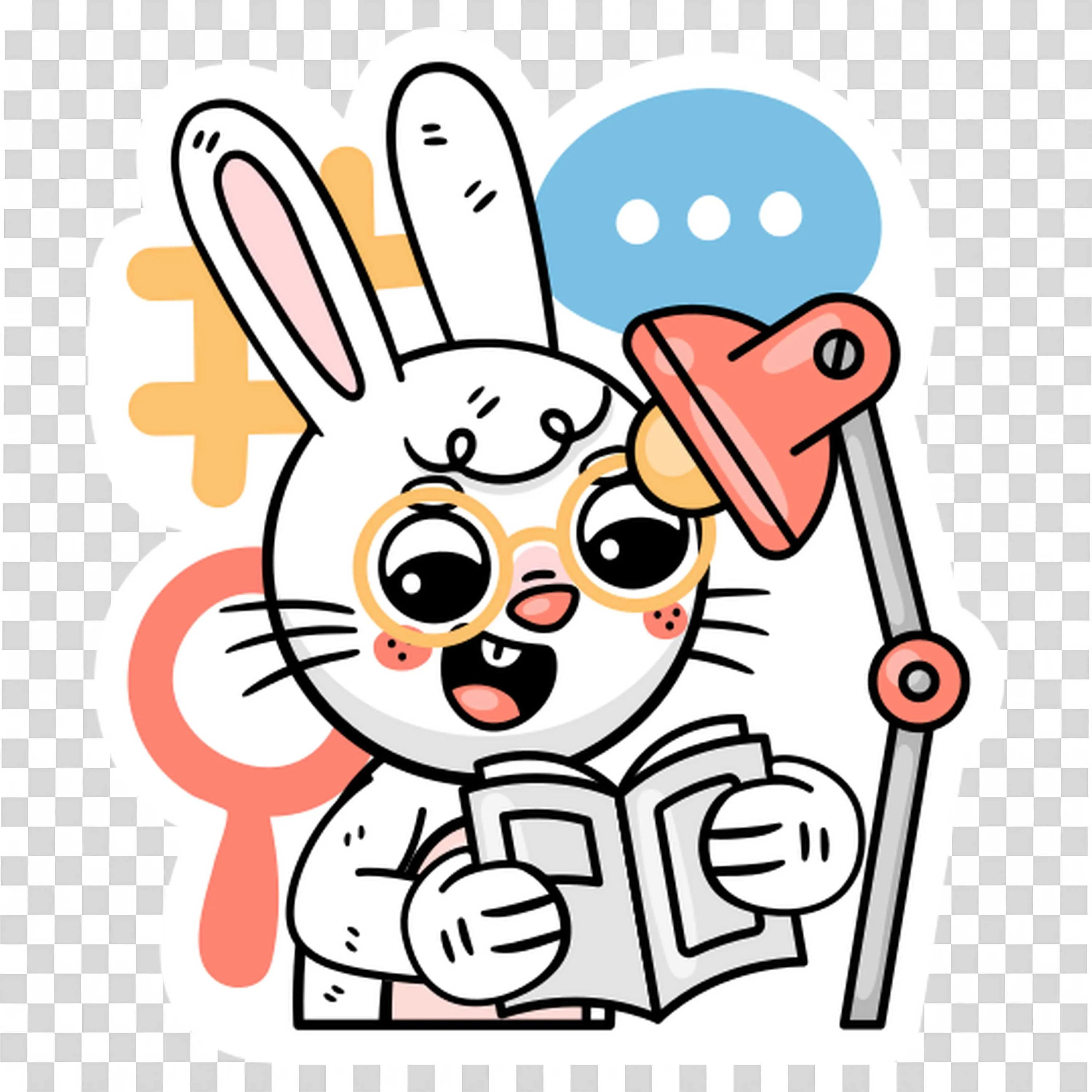 White Bunny Reading a Book Under Desk Lamp with Glasses