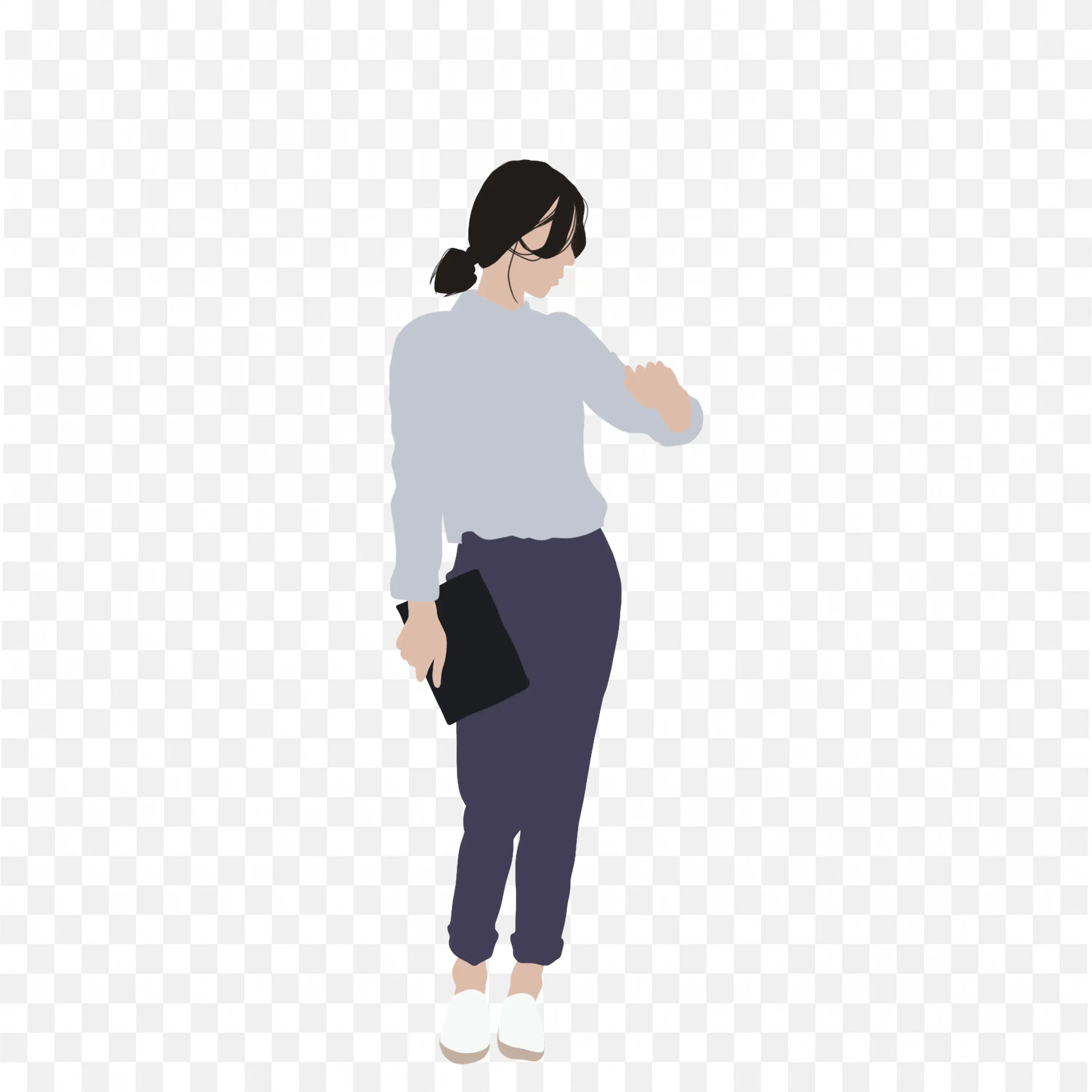Woman Checking Time on a Wristwatch and Tablet in Hand PNG