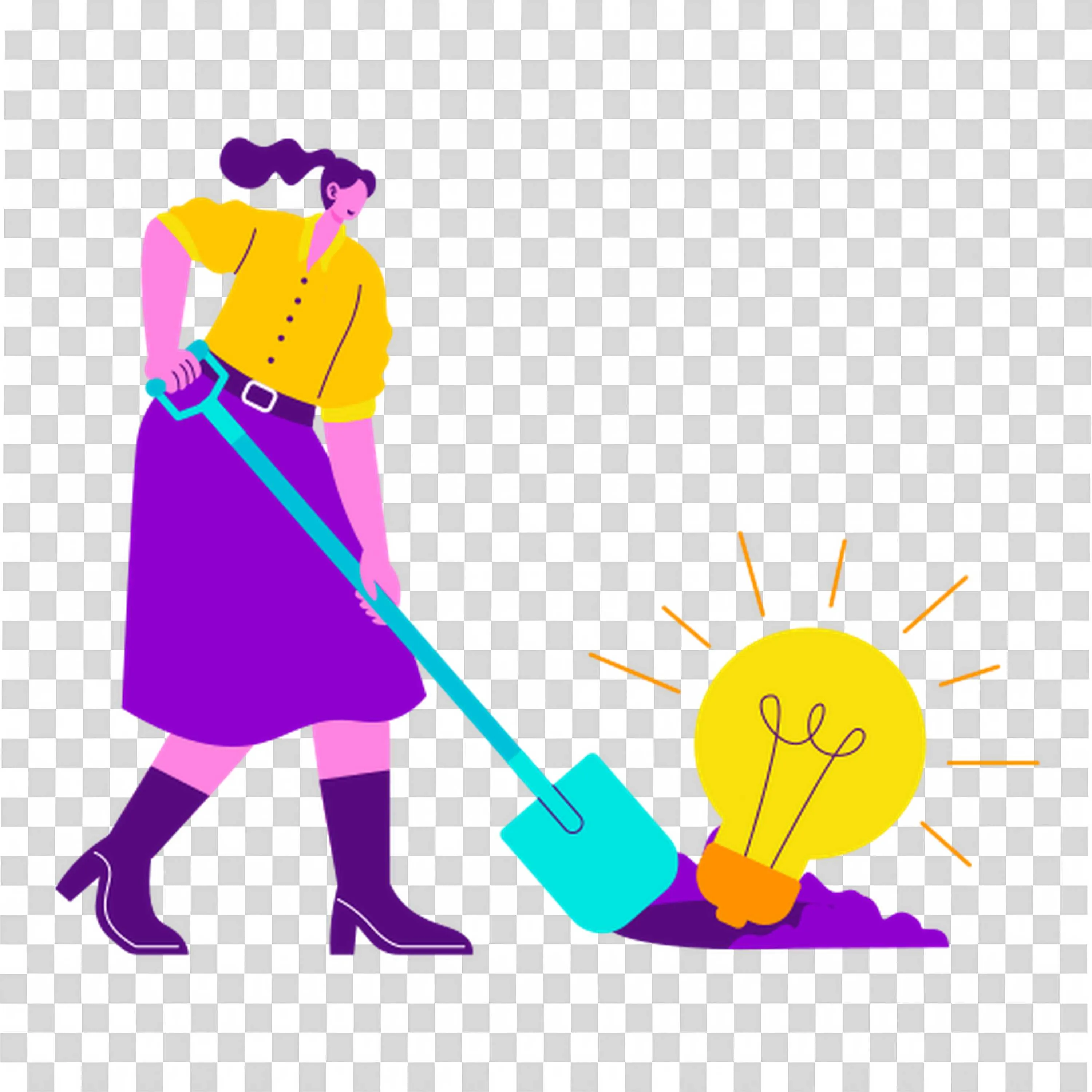 Woman Digging the Ground and Discovering a Bright Light Bulb