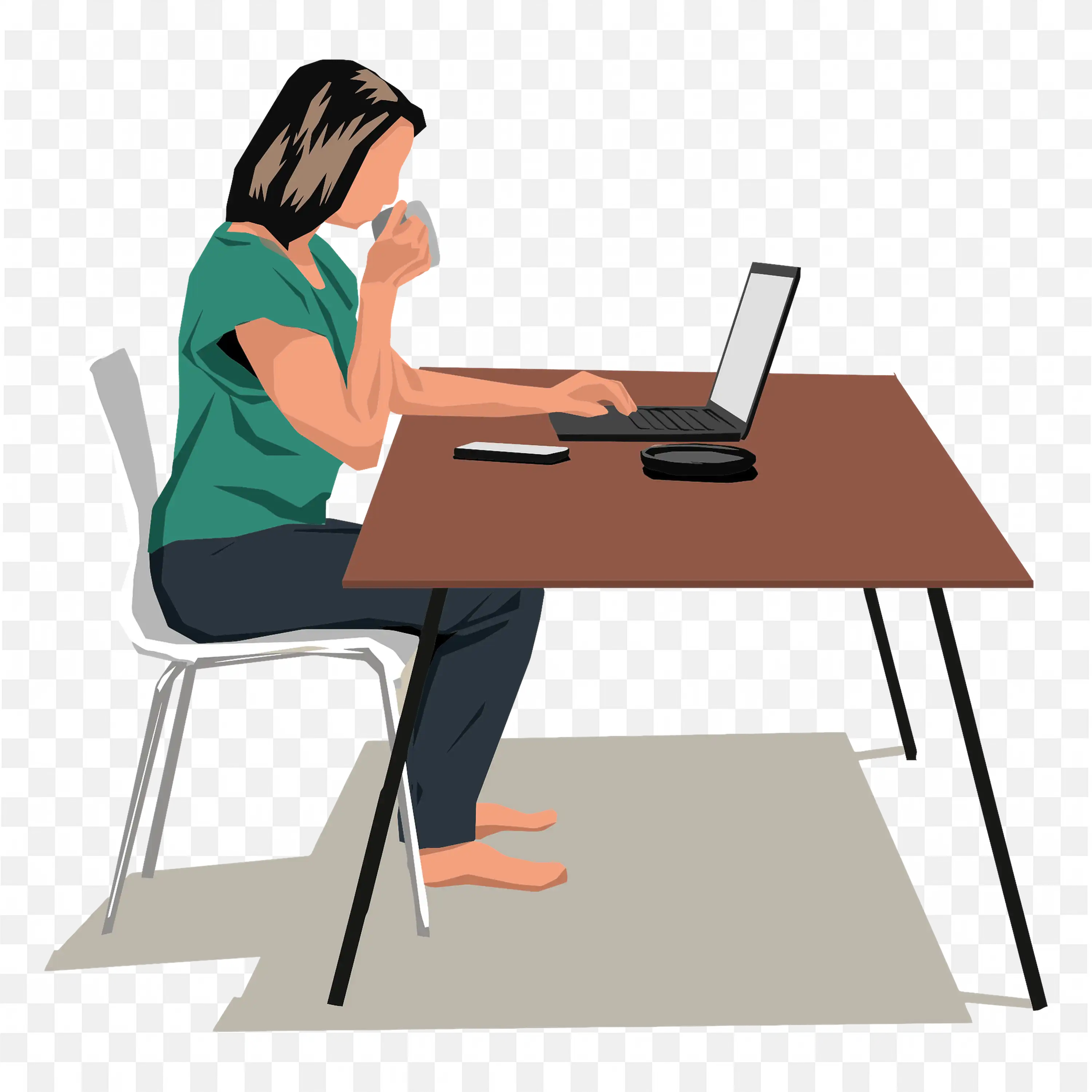 Woman Drinking Coffee and Doing Work on Laptop PNG Free