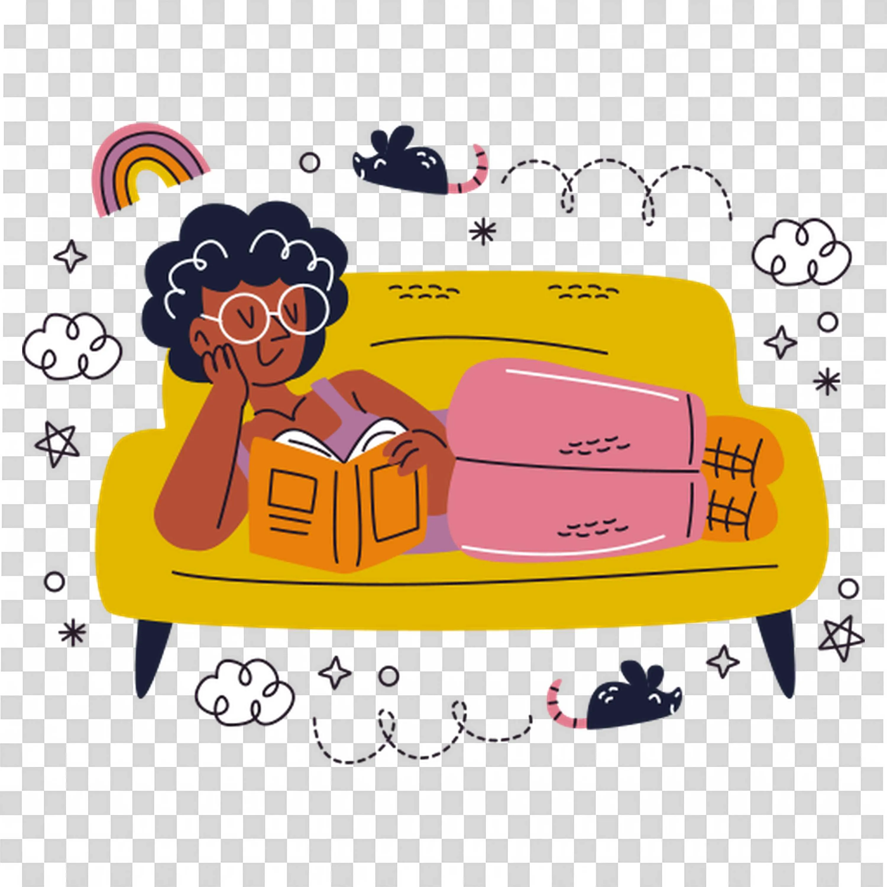 Woman Enjoying a Book While Relaxing on a Yellow Couch Png
