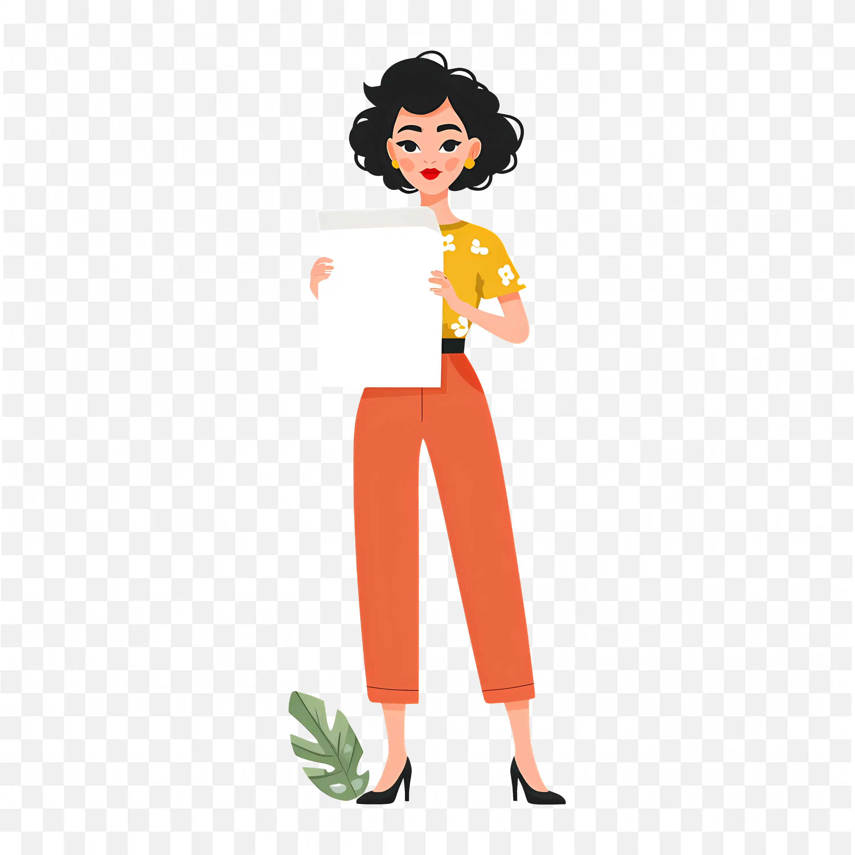 Woman with a Floral Dress Holding Blank Paper PNG Image