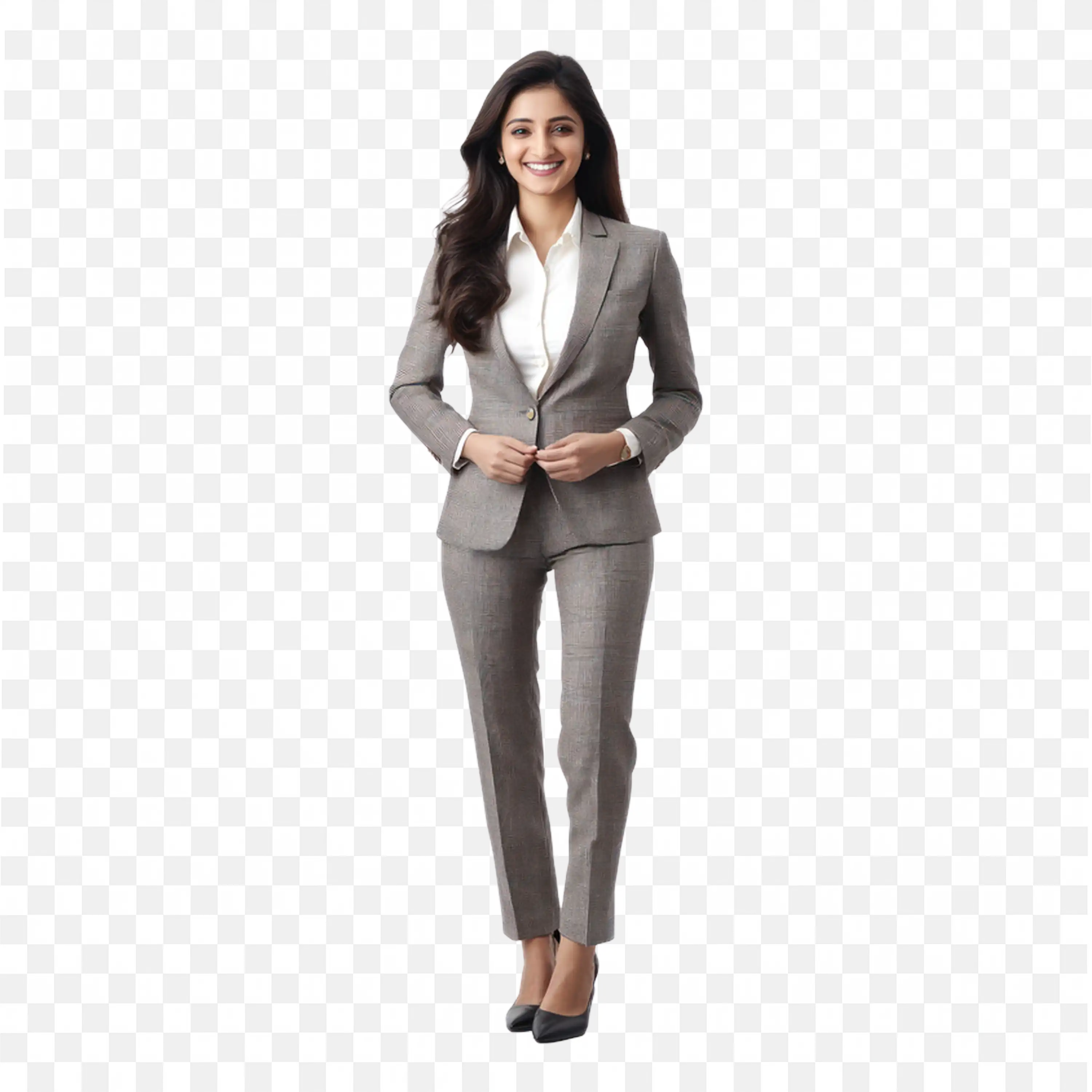 Woman in a Gray Business Suit Standing Pose Free PNG Image
