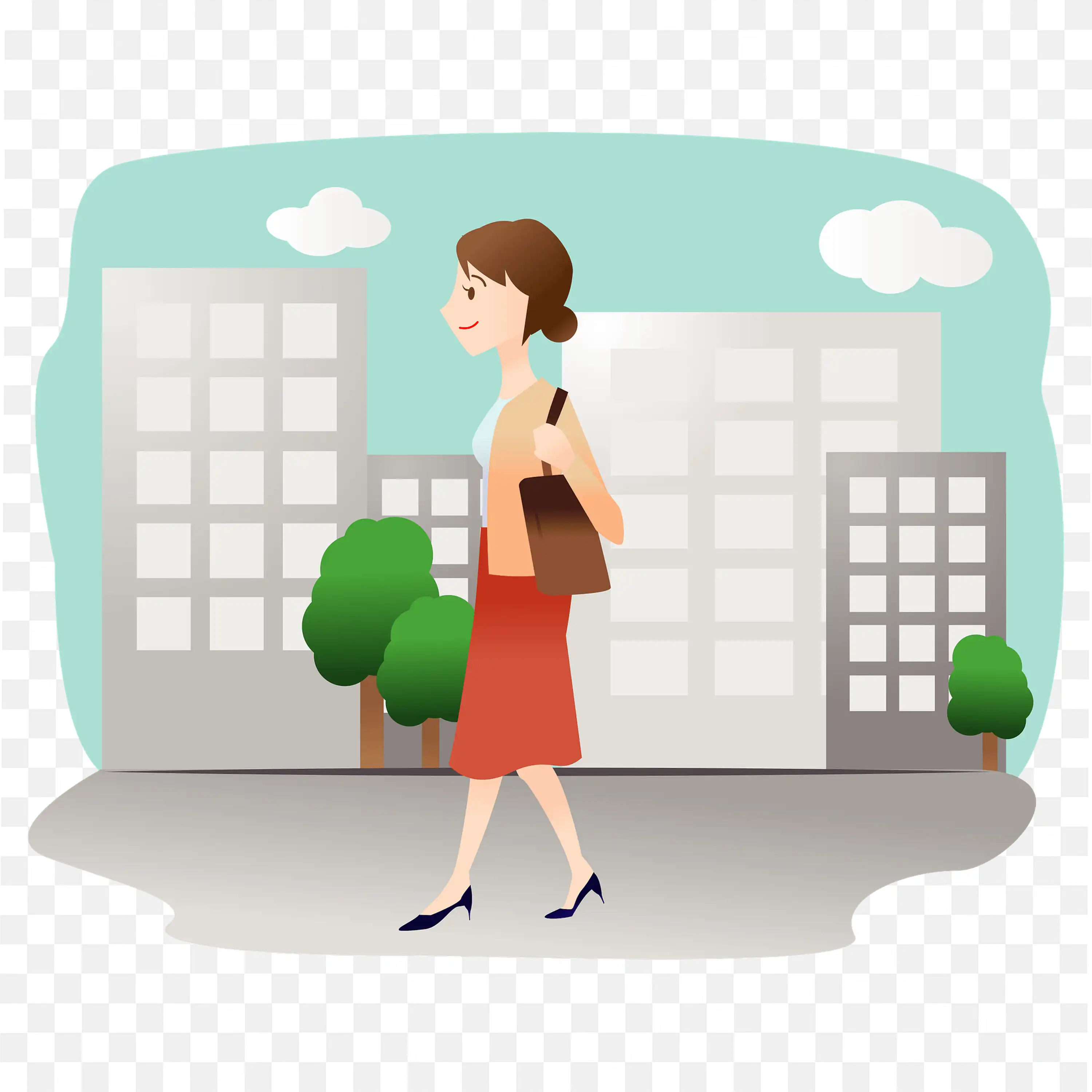 Woman with her Bag Walking in City Street Free PNG Download