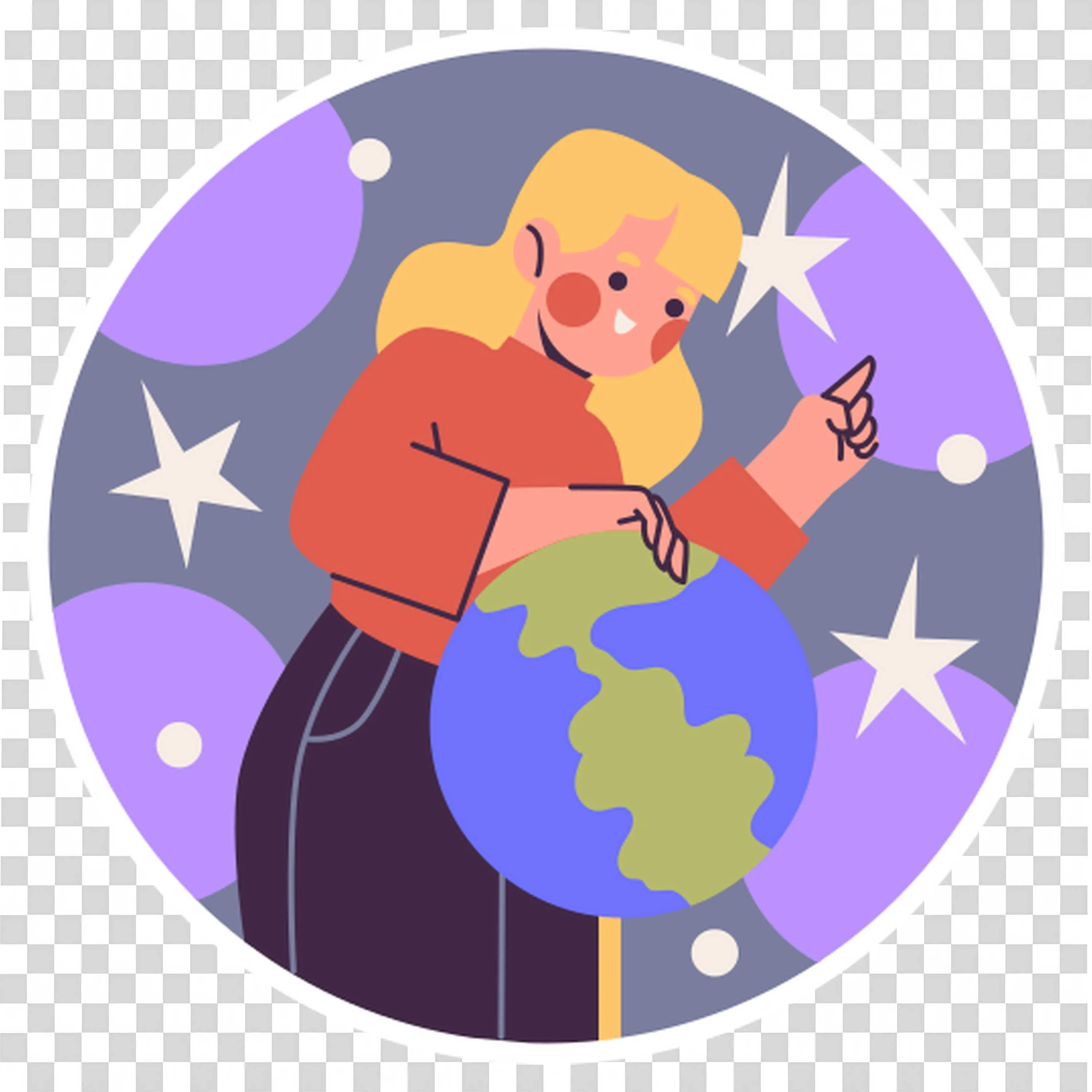 Woman Pointing at Globe with Stars in Background Design