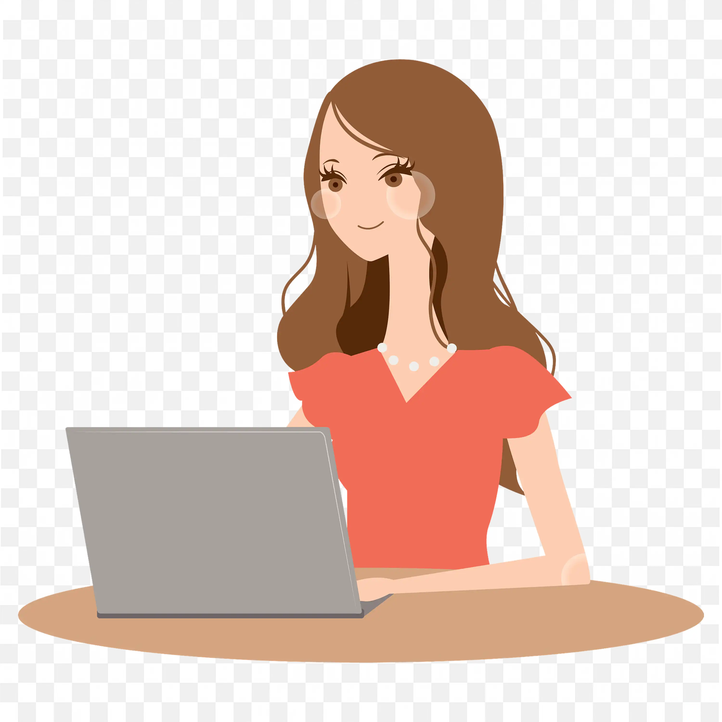 Woman in Red Dress Working on Laptop at Table PNG Image