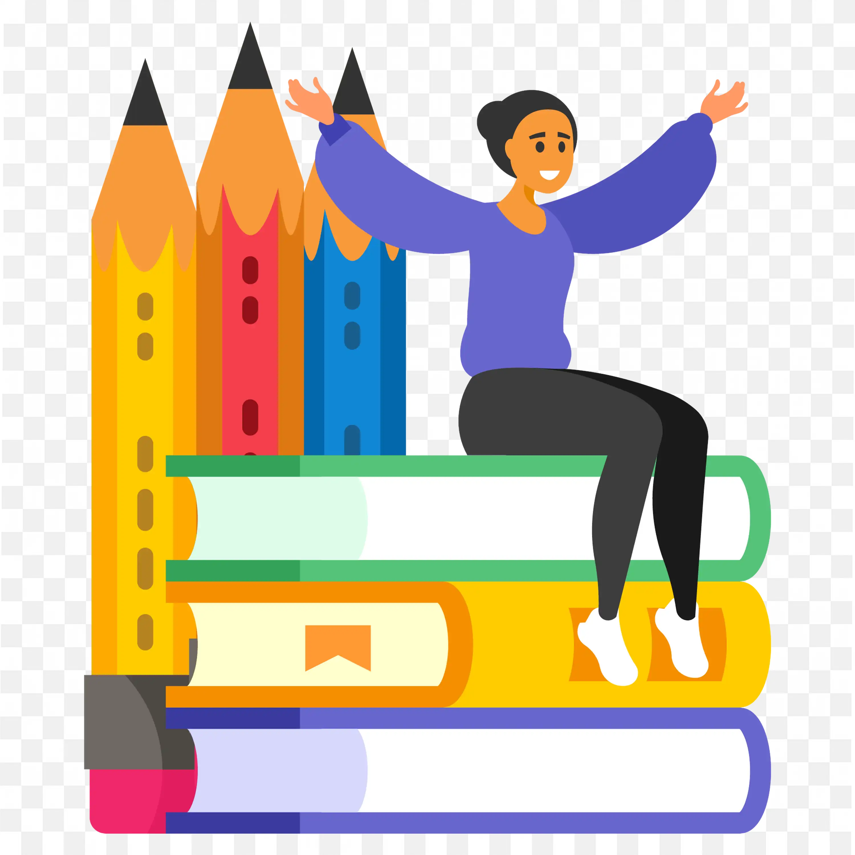 Woman Sitting on Books with Colourful Pencils PNG