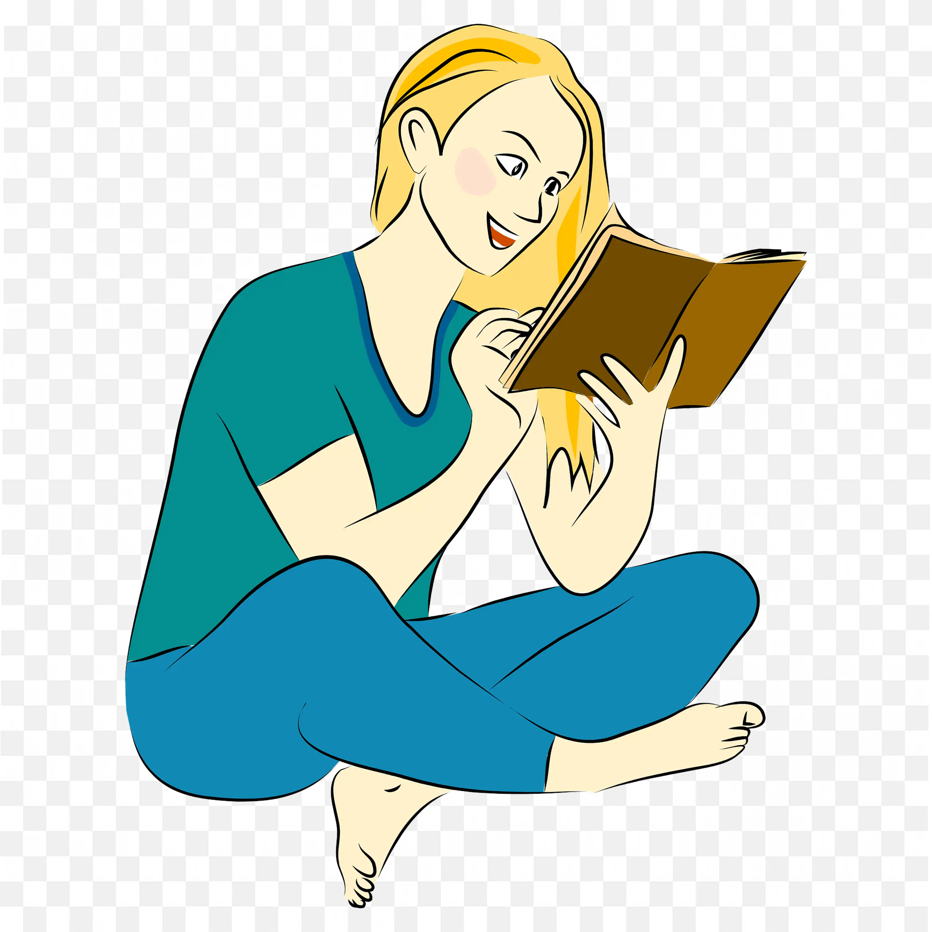 Woman Sitting Cross Legged and Reading a Book Happily PNG