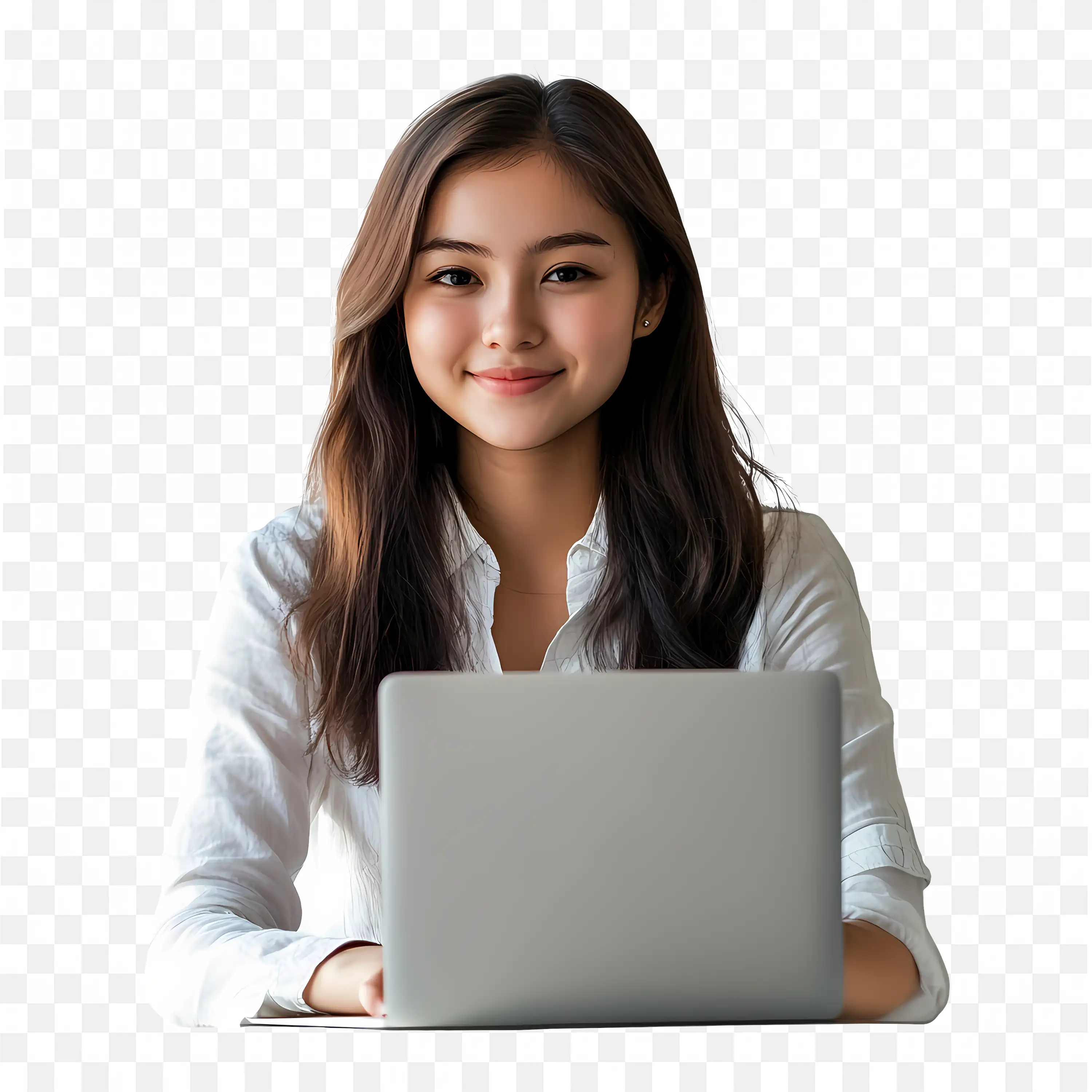 Woman Sitting in Front of the Laptop and Smiling Free PNG