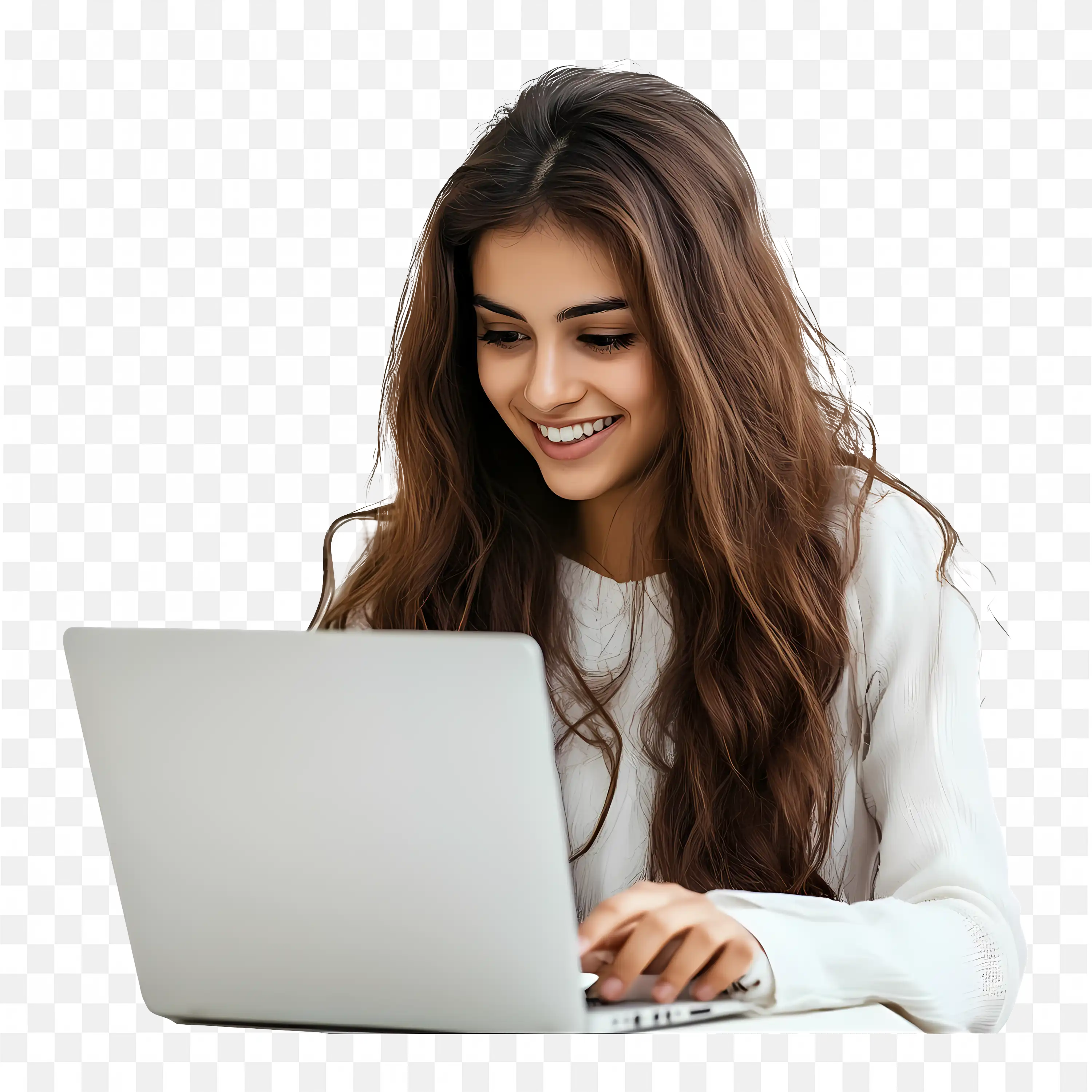 Hd Woman Smiling While Using a Laptop Free PNG Download