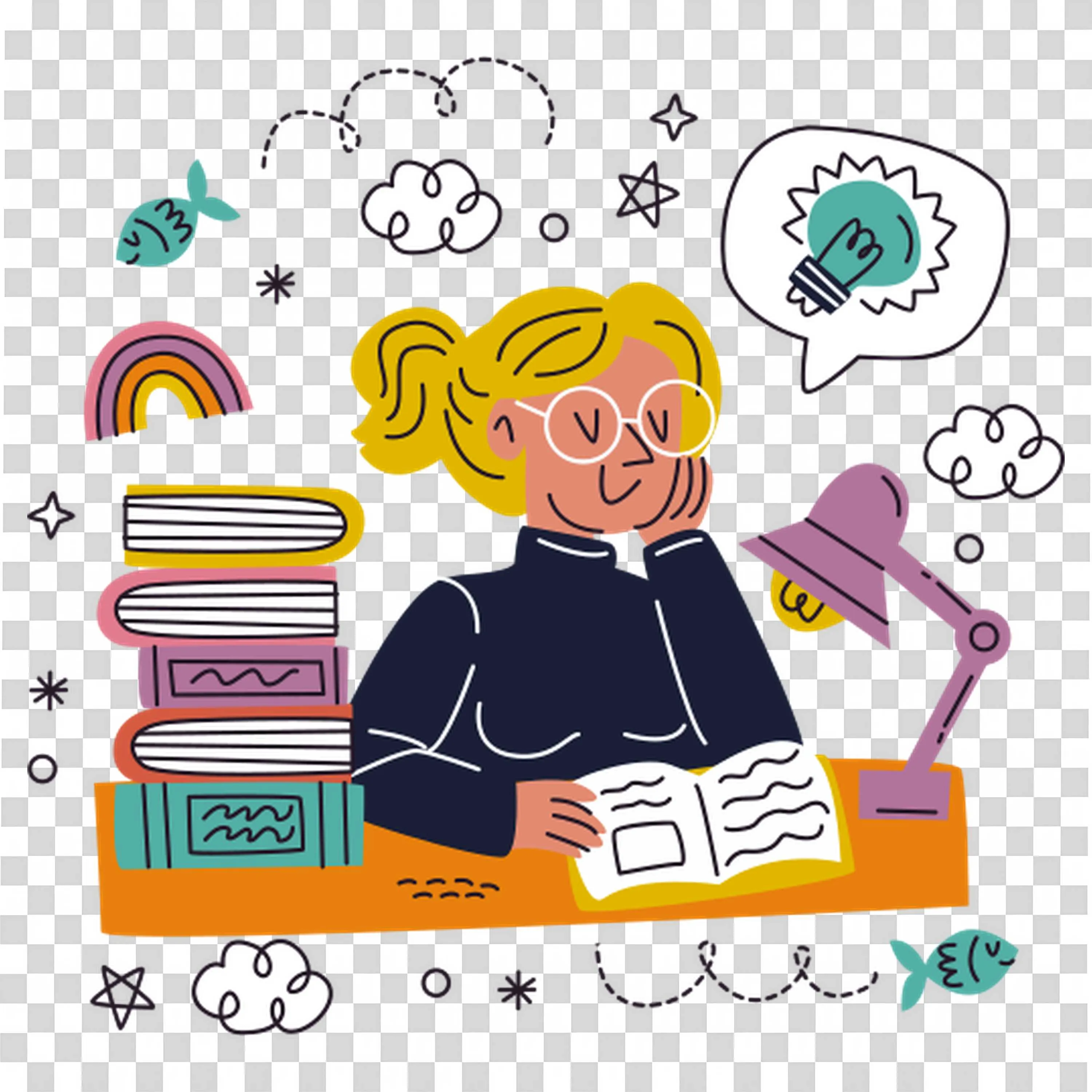 Woman Studying with a Stack Of Books and a Desk Lamp Png