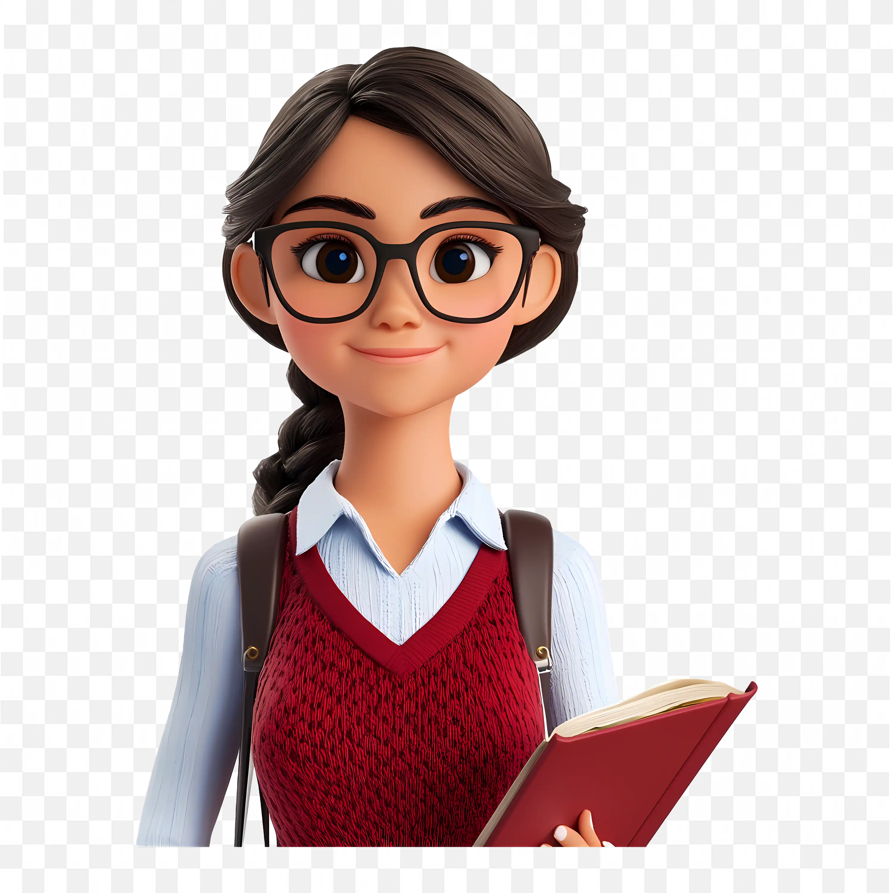 Woman with Textured Red Dress and Red Book Smiling PNG