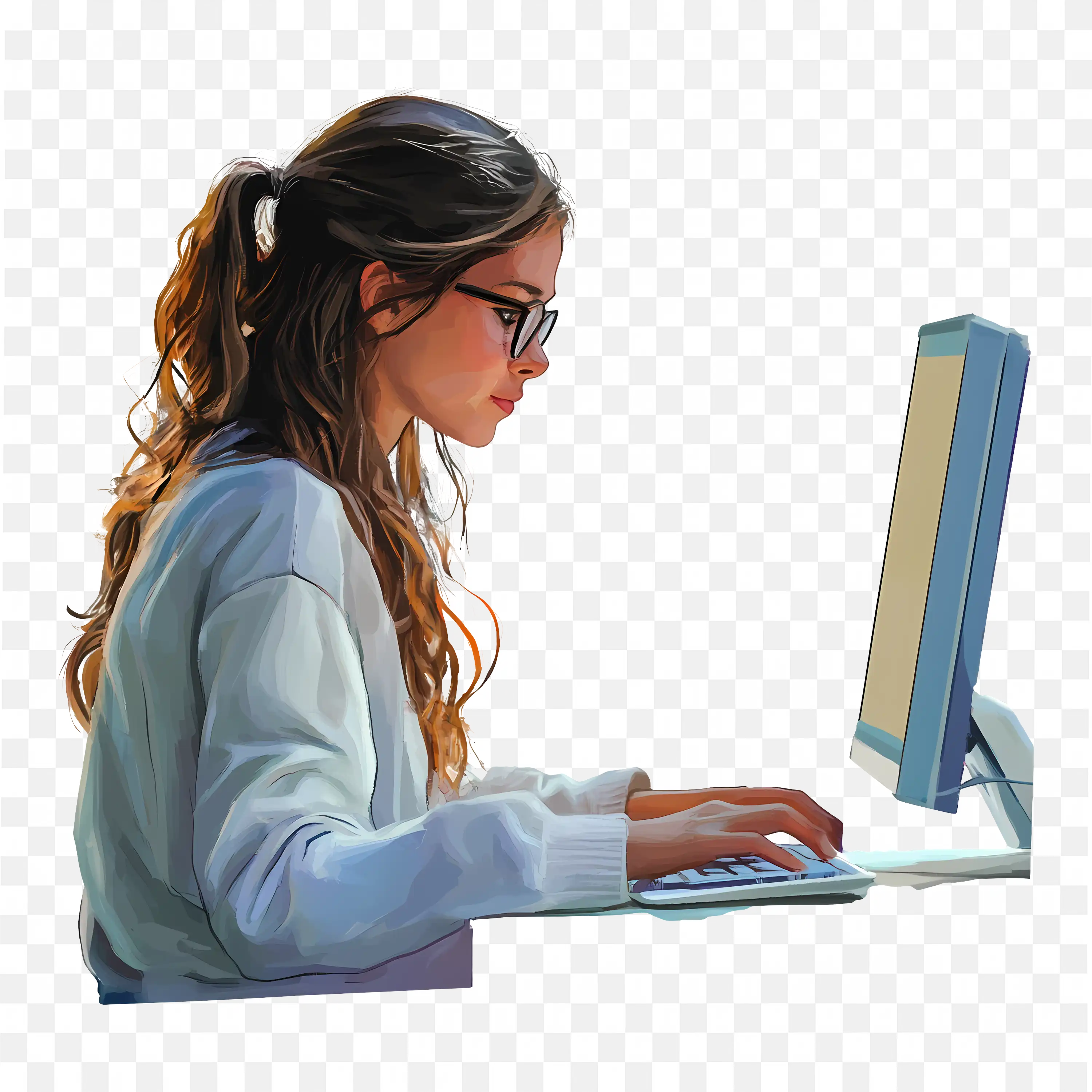 Woman with Tied Hair is Focusing on a Computer Free PNG