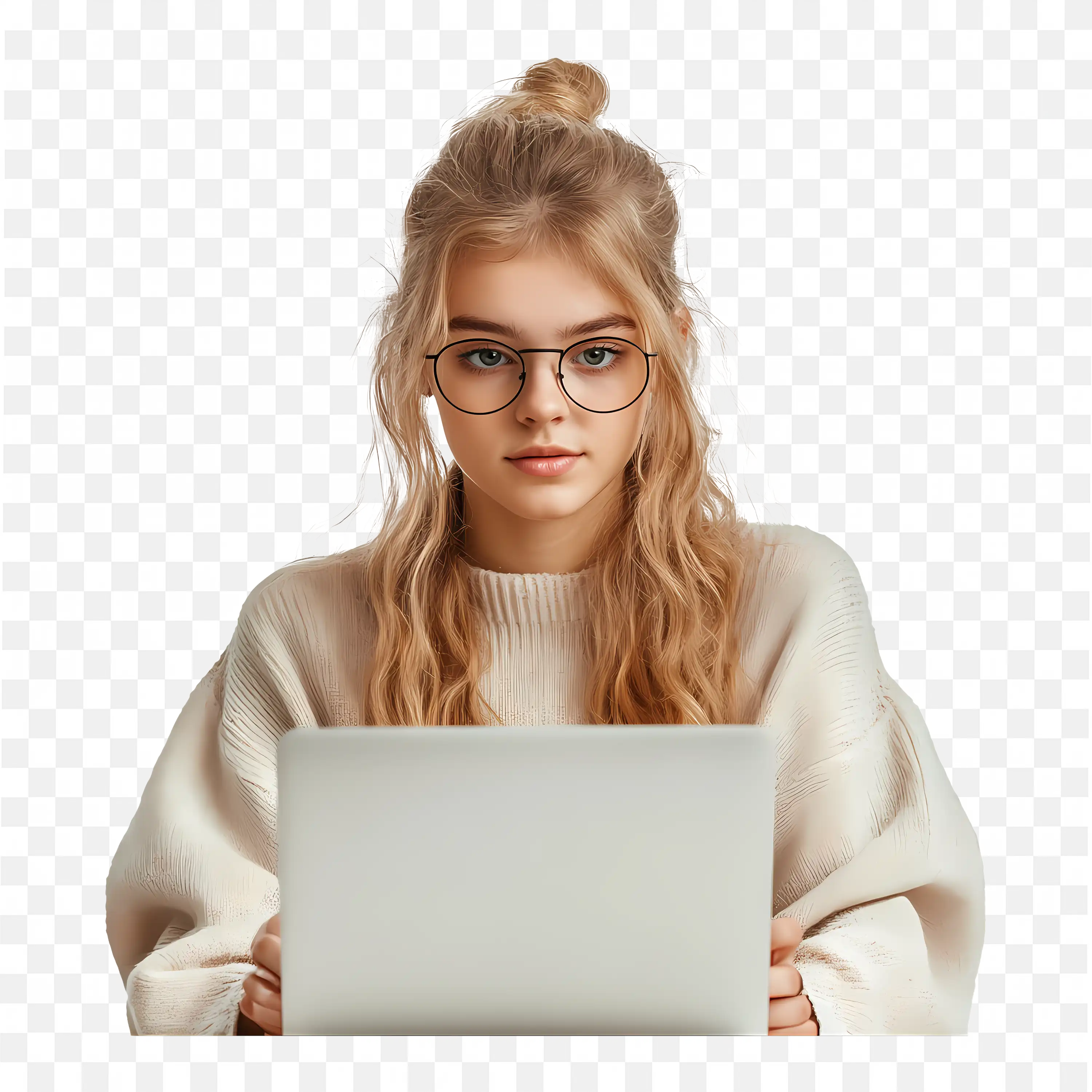 Woman in White Hair and Glasses Looking at the Laptop PNG