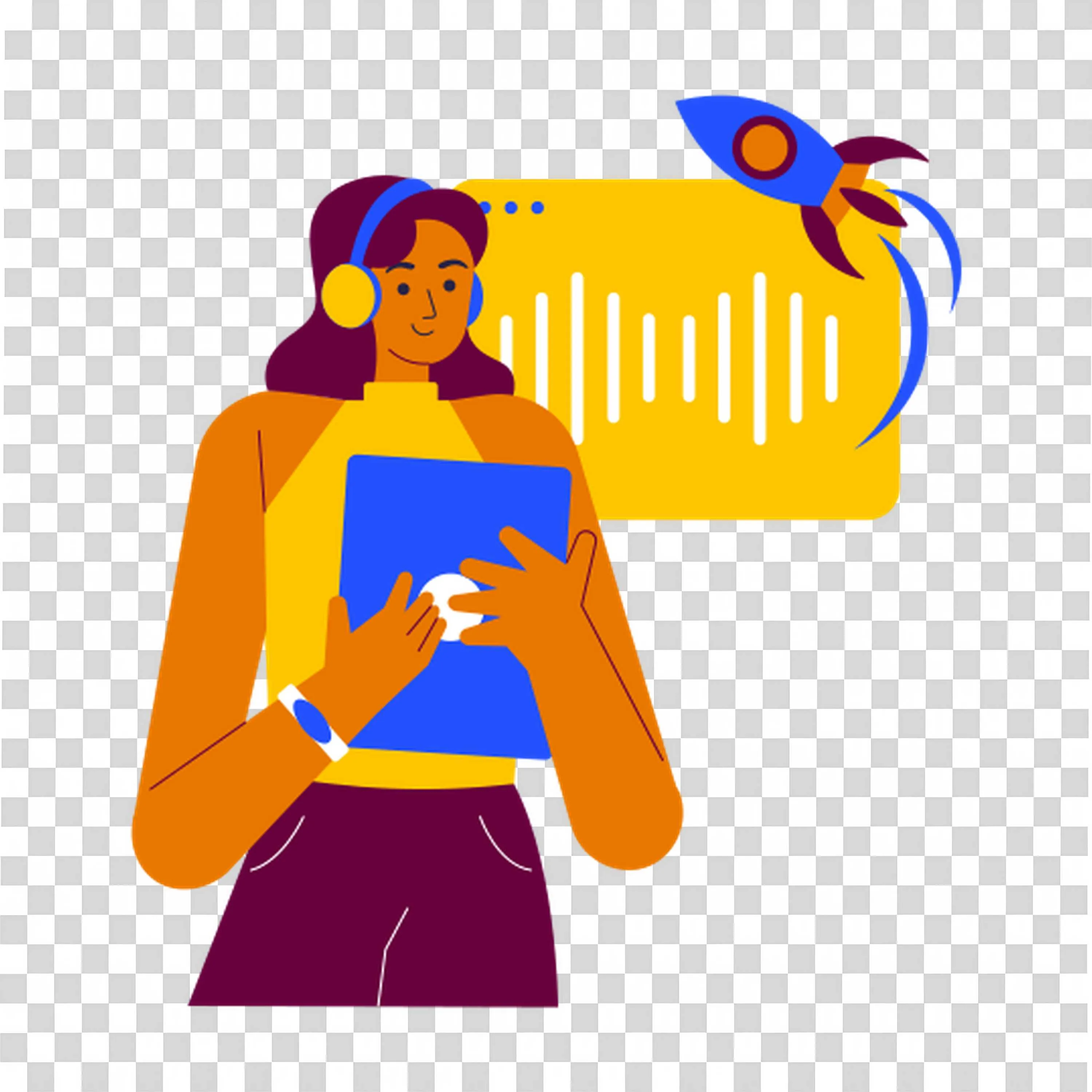 Woman with Headphones Holding Tablet with Audio Rocket Icon