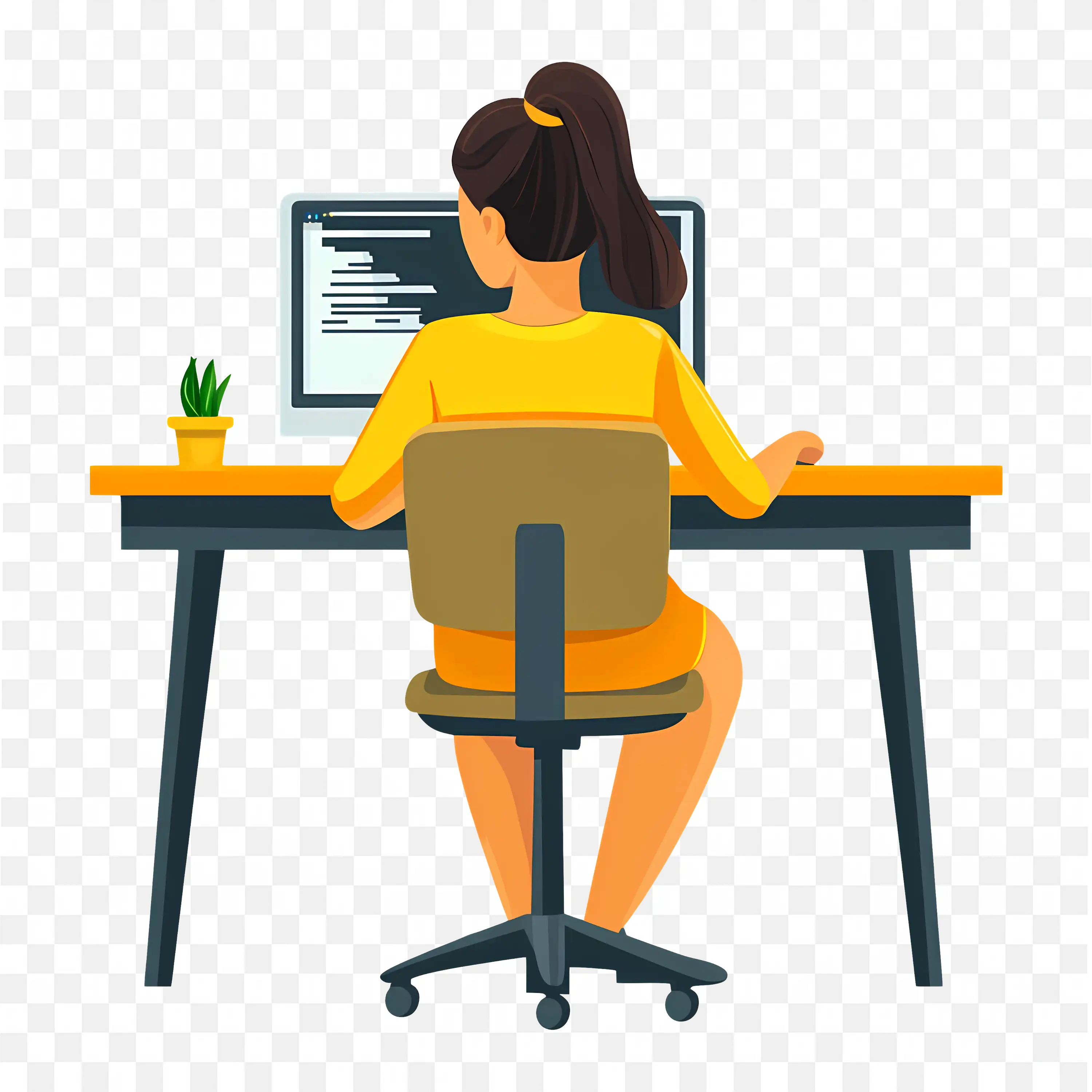 Woman Working on a Computer at a Desk Free PNG Image