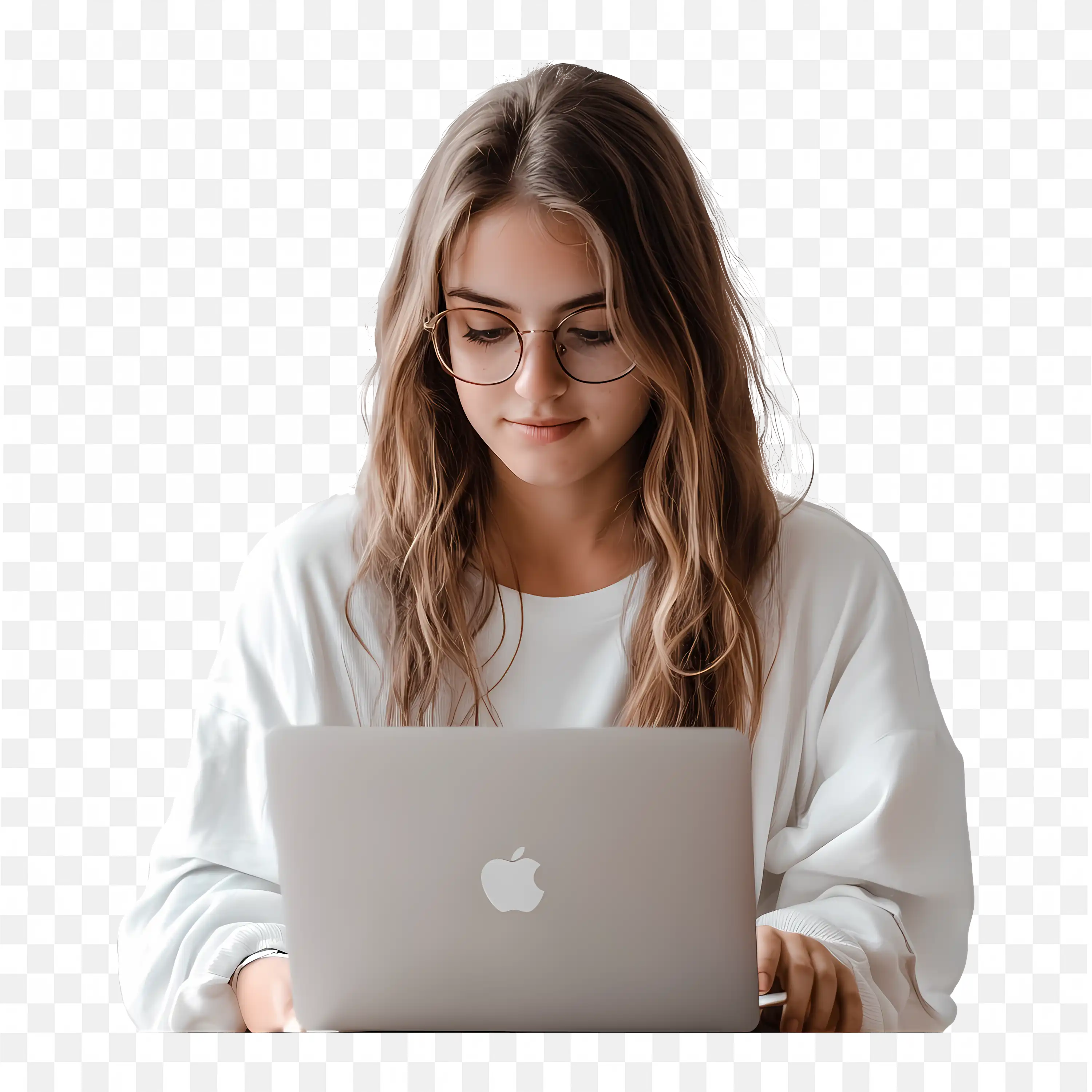 Woman Working on Laptop with  Casual Outfit PNG Download