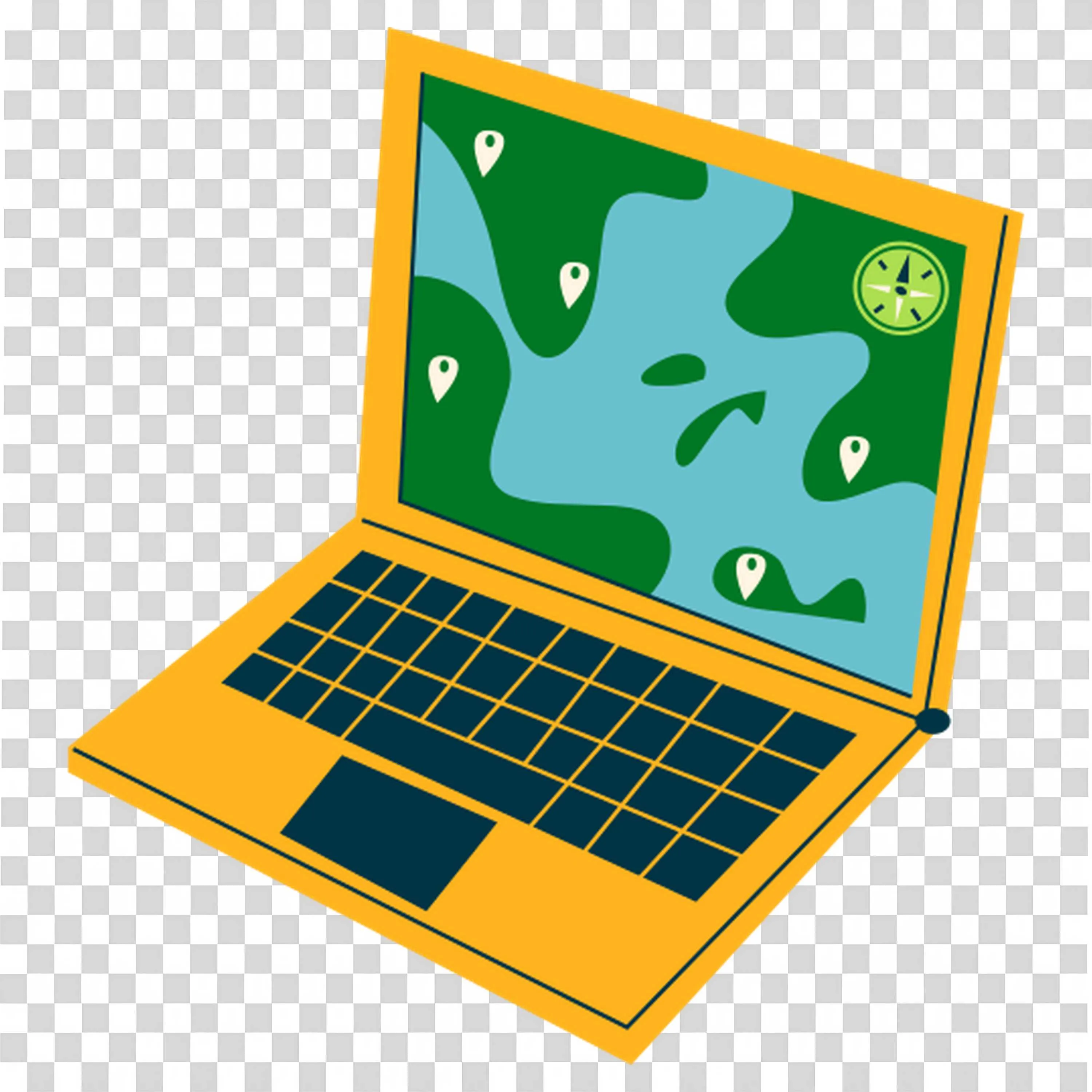 Yellow Laptop with Map and Compass Navigation Graphic Png
