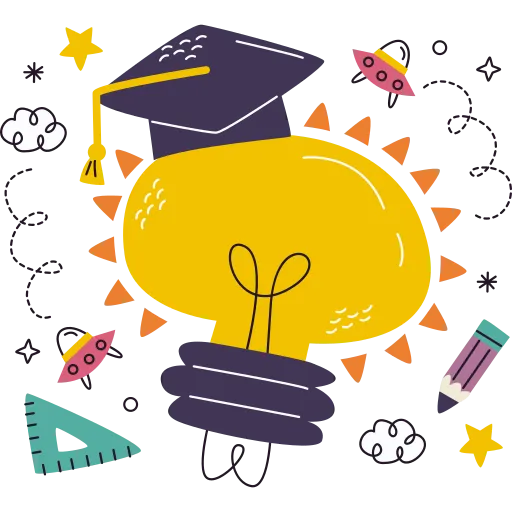 Yellow Light Bulb with Graduation Cap and Geometric Shapes
