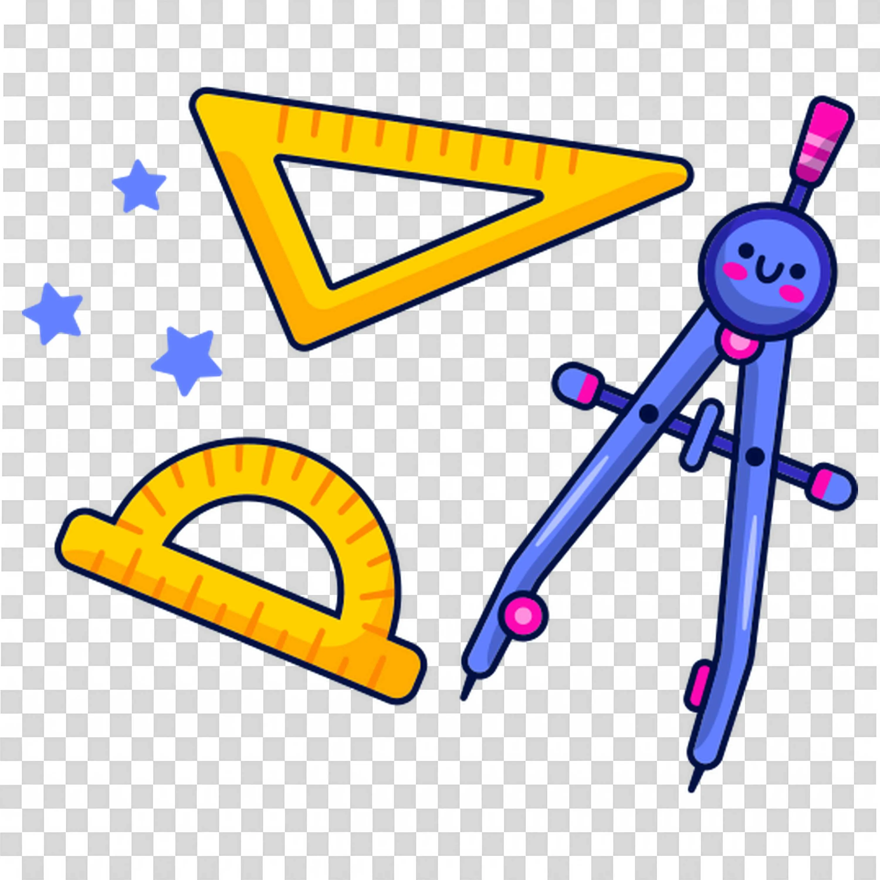Yellow Protractor and Compass with a Happy Face Design Png