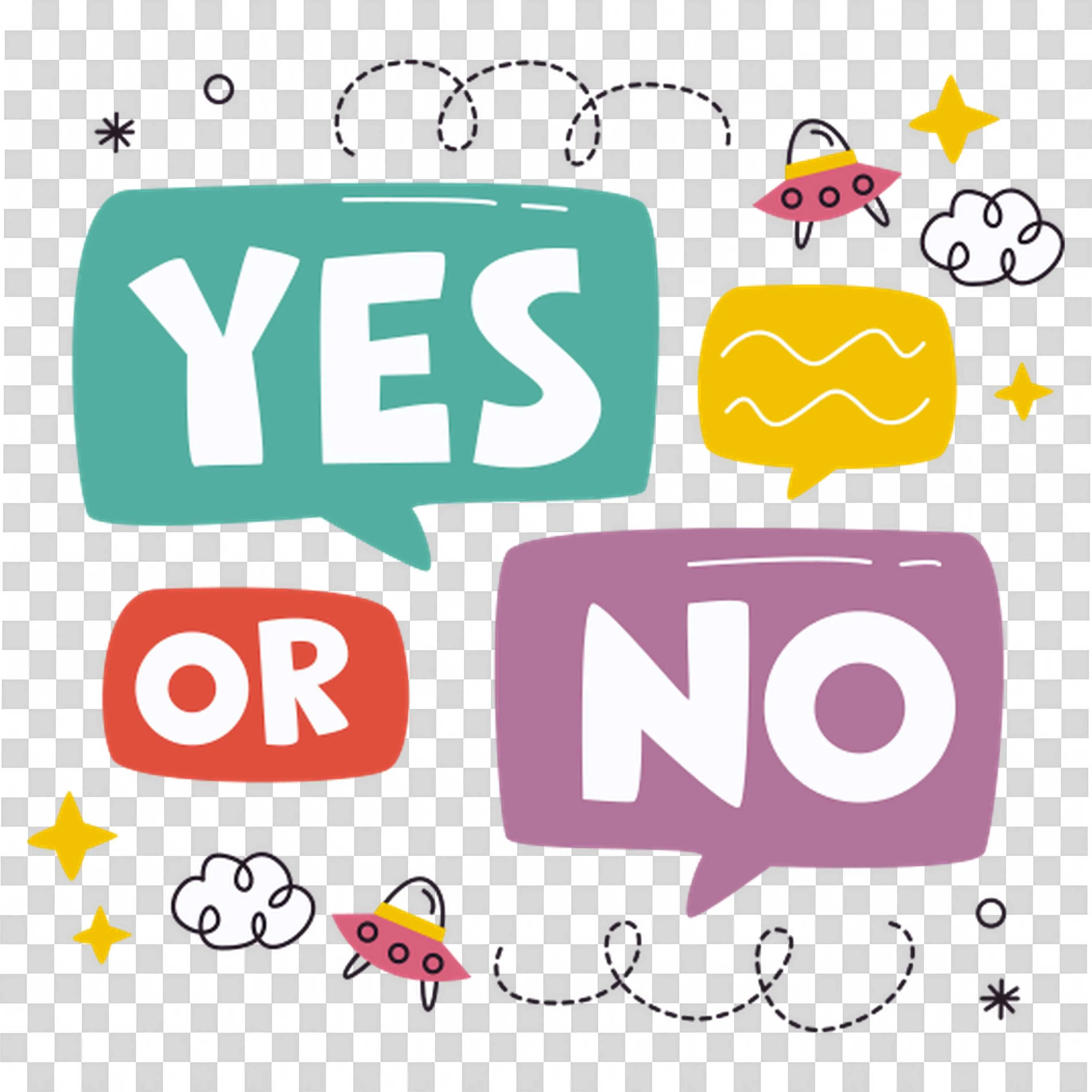 Yes Or No Speech Bubbles with Cute Ufo and Cloud Icons Png