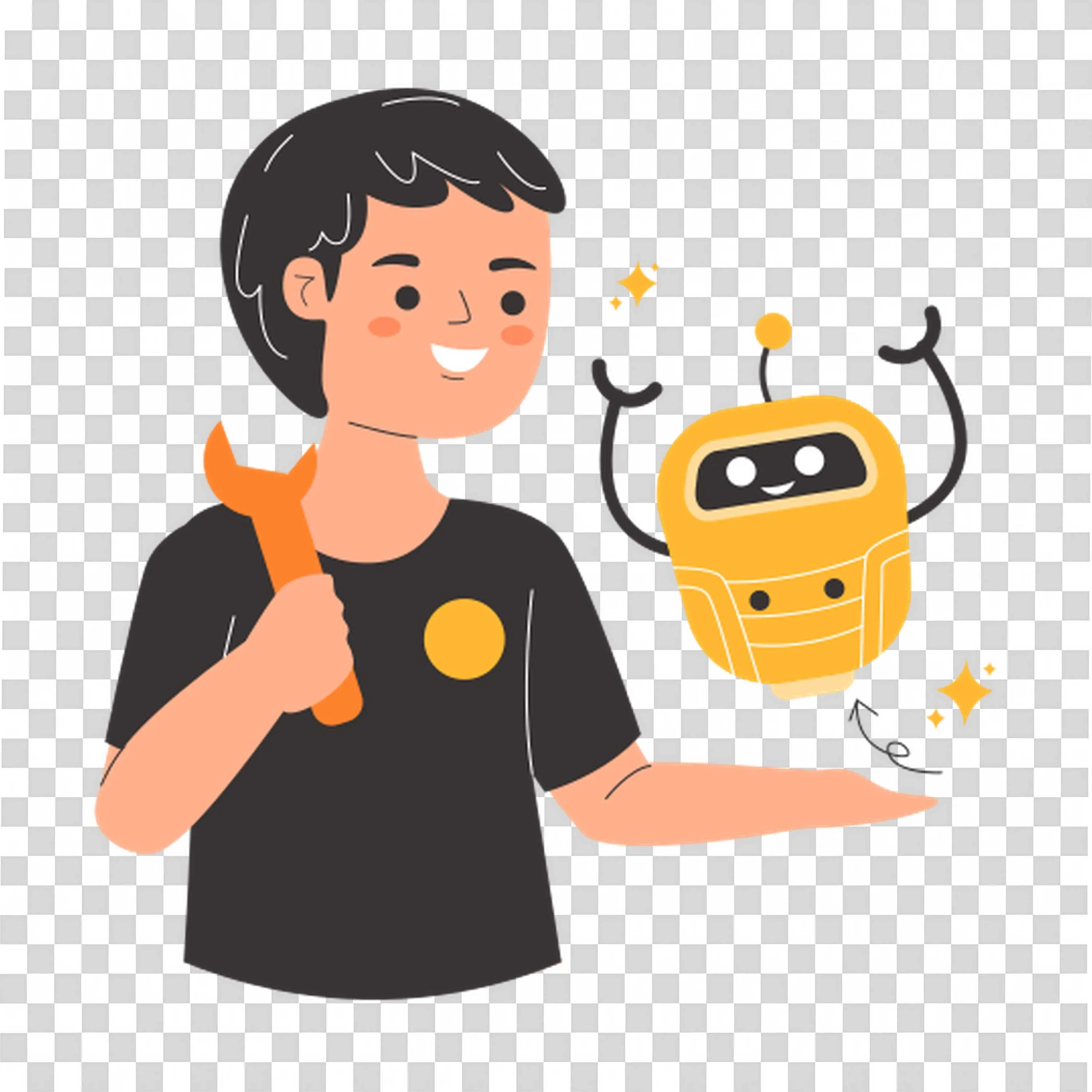Young Boy Holding Wrench with Friendly Yellow Robot Png