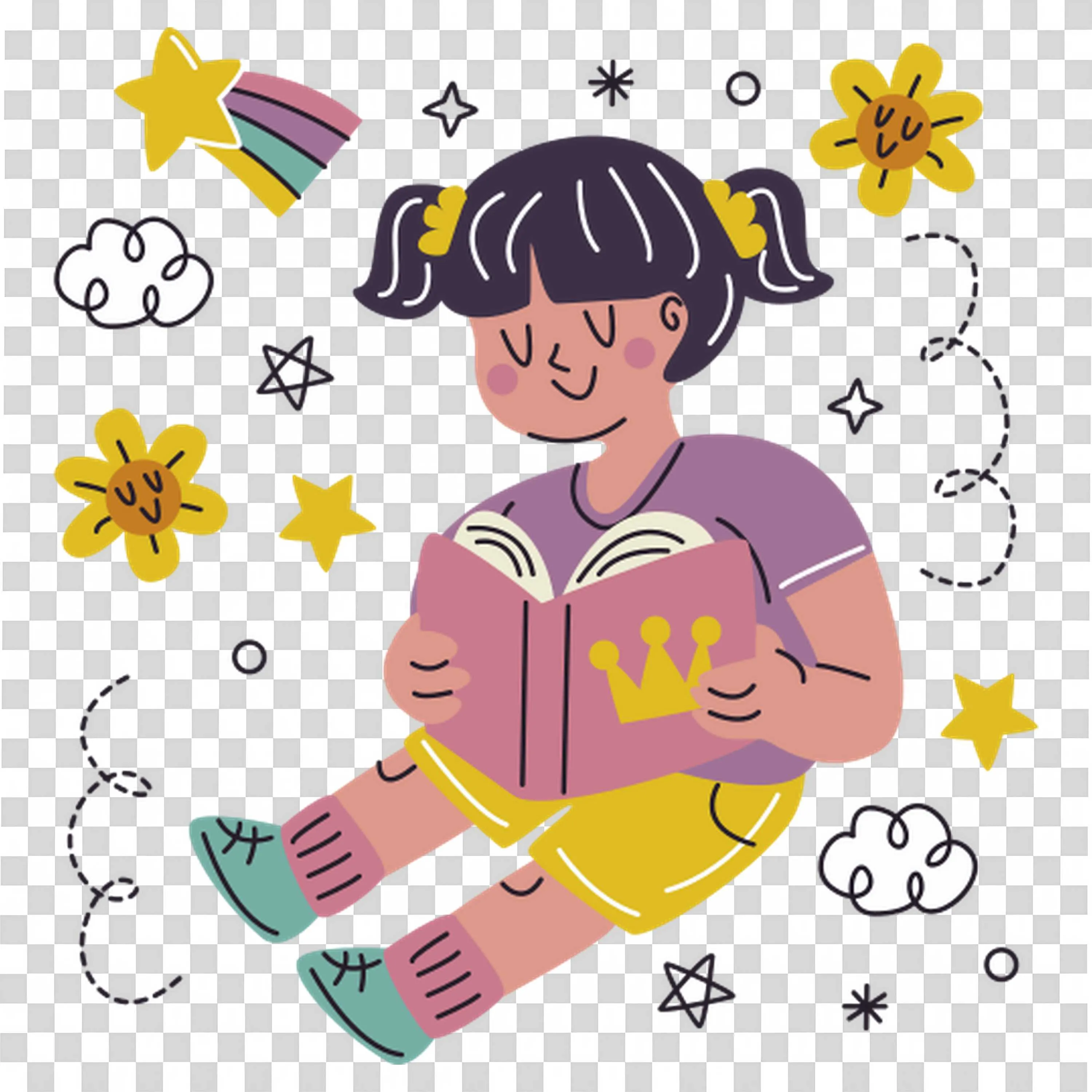 Young Girl Reading a Book Surrounded By Stars and Clouds