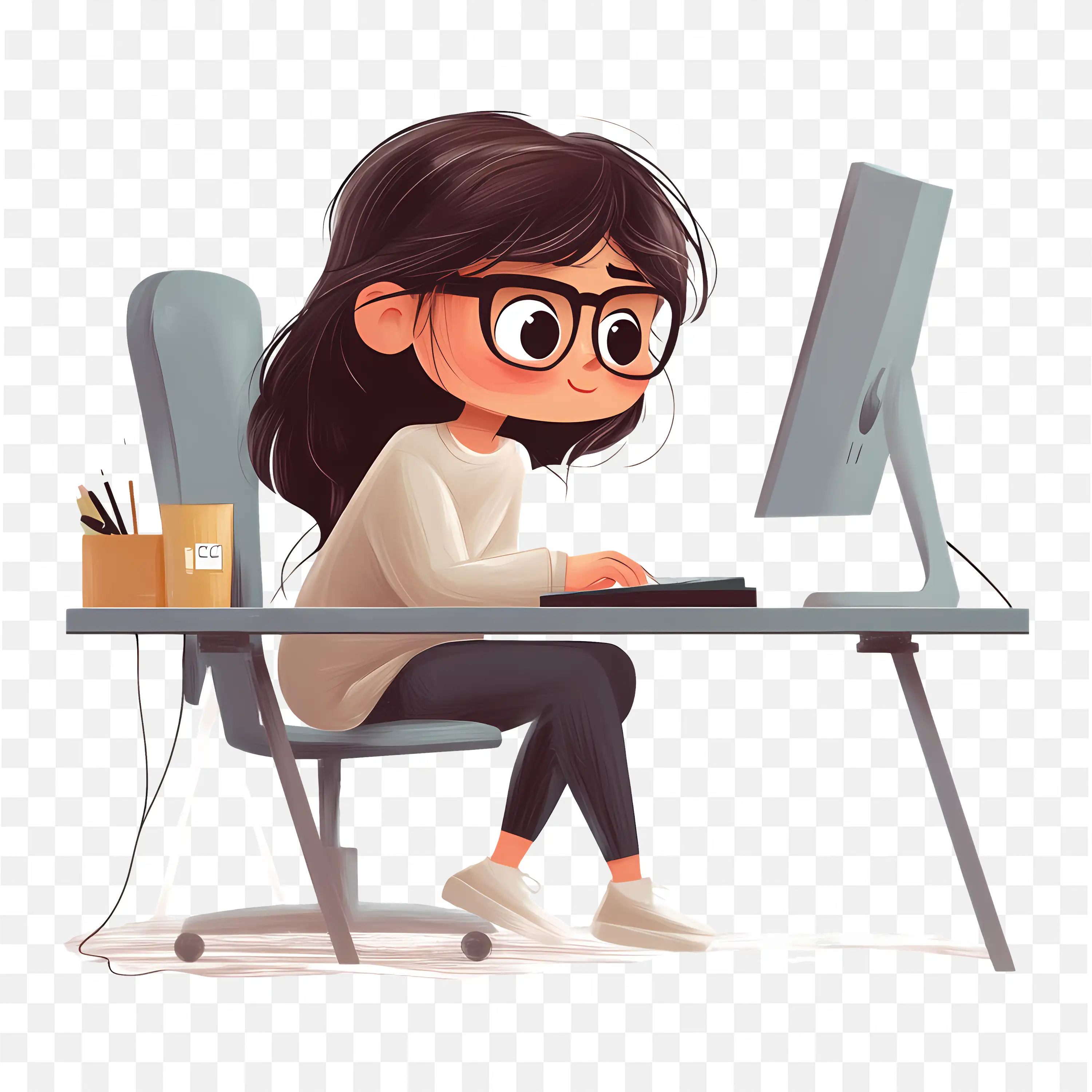 Young Girl Working at Workspace with Computer PNG