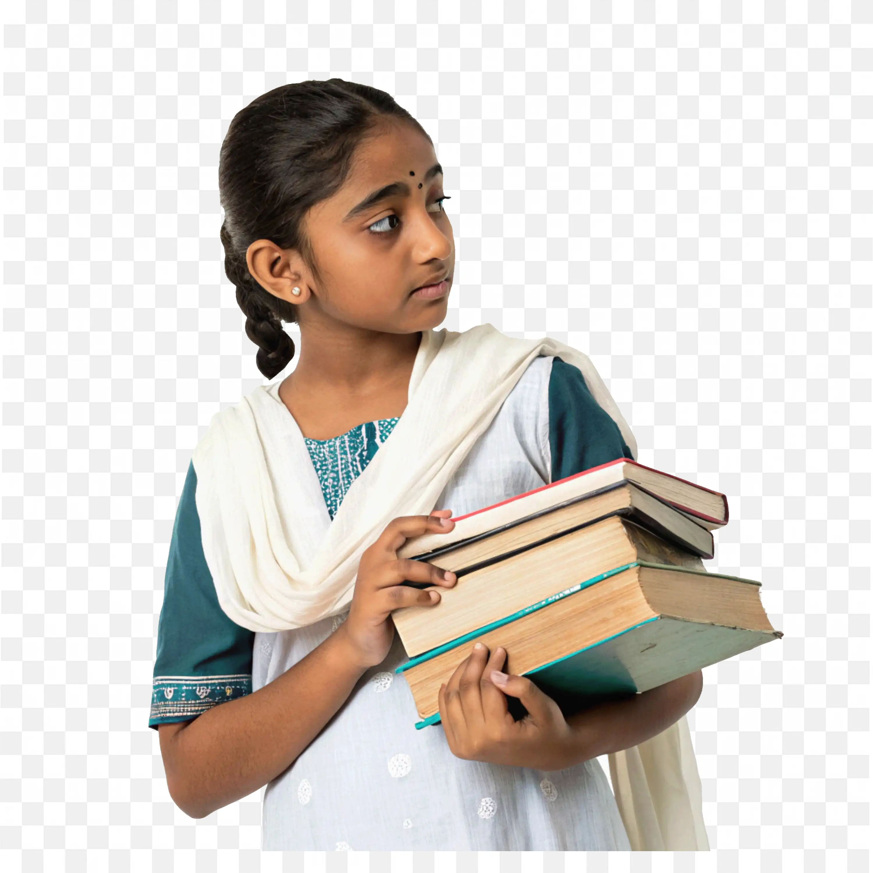 Young Indian Girl with her Books and Looking in the Side