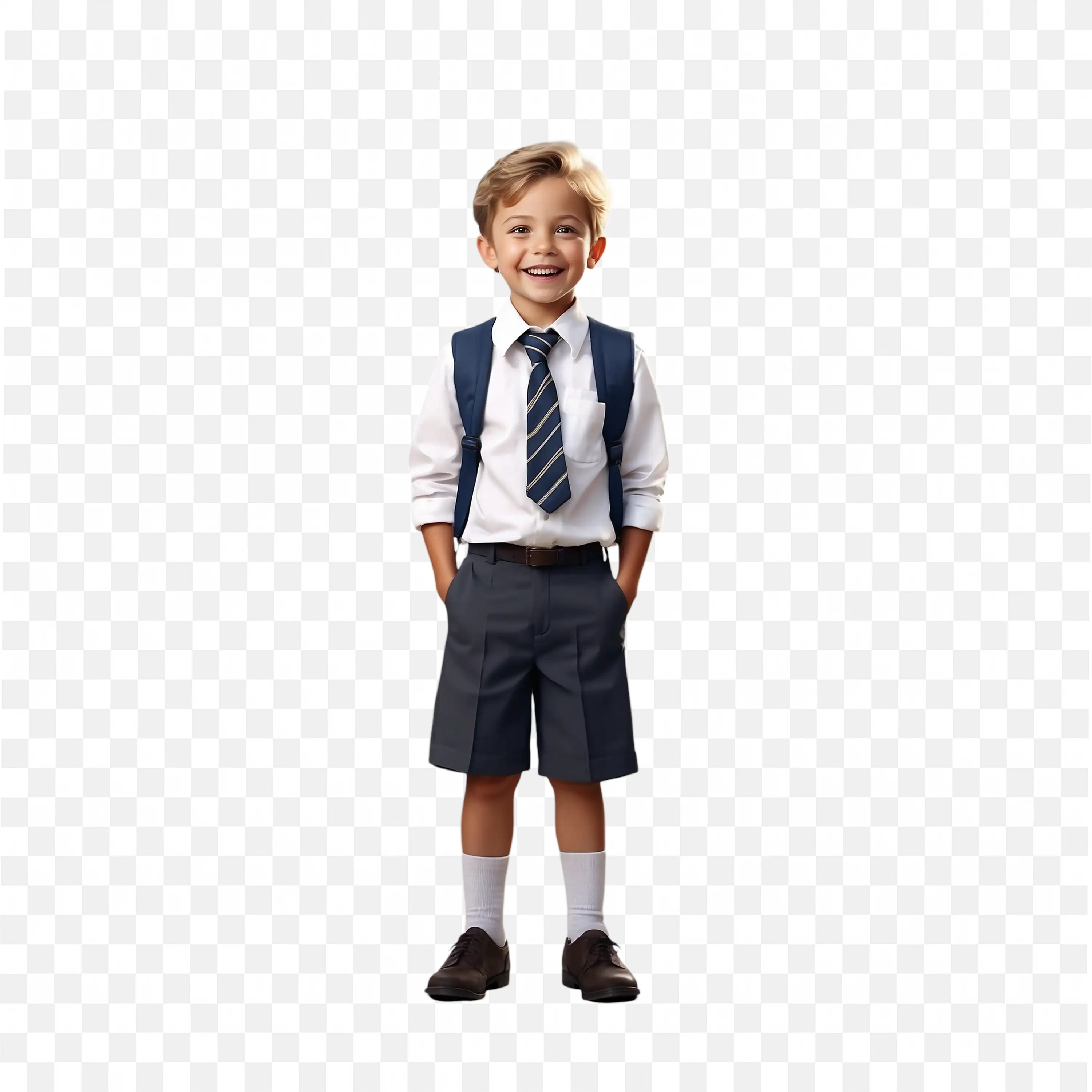Young Schoolboy in Uniform with Backpack and Shorts