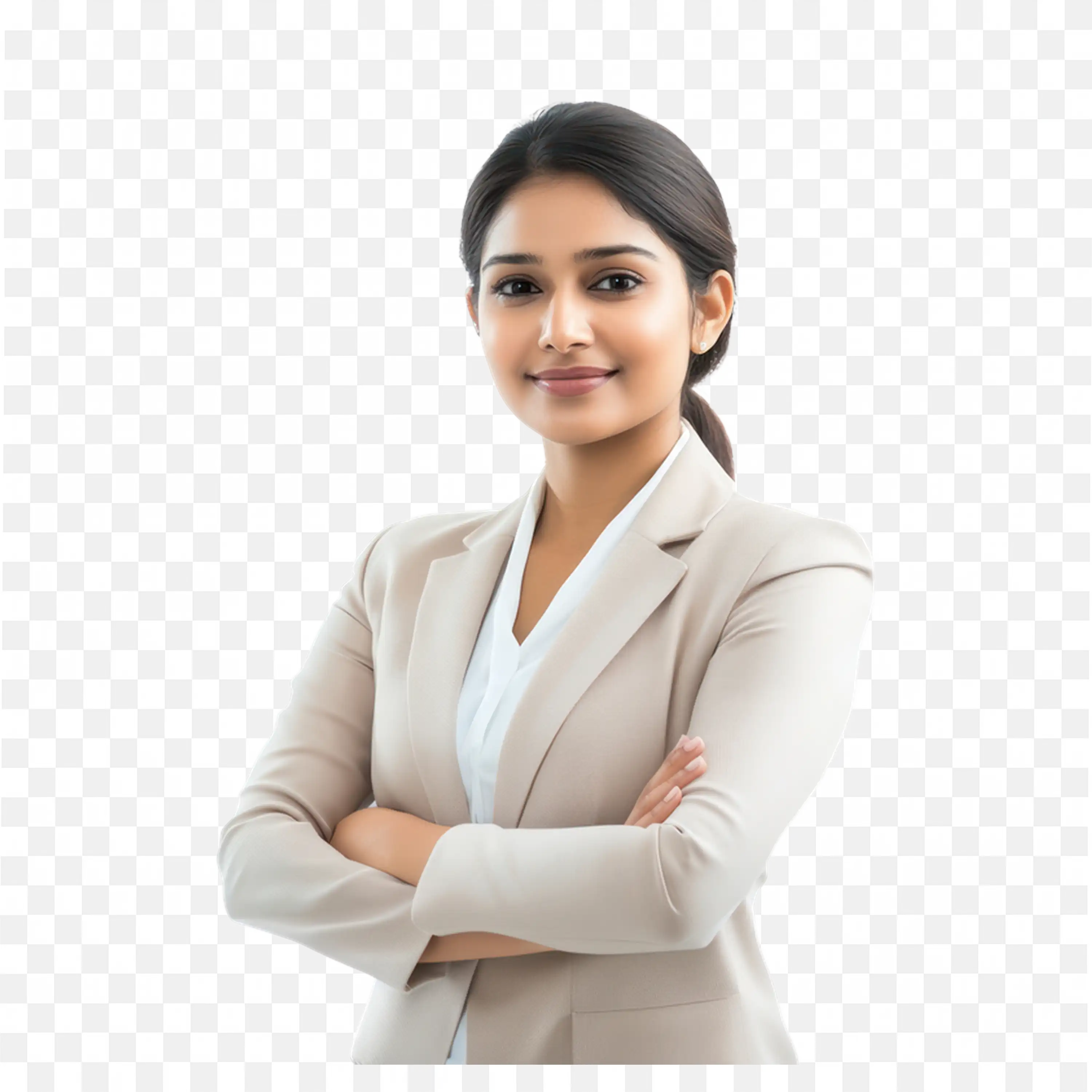 Young Woman with Tied Up Hair and Light Tan Suit PNG Free