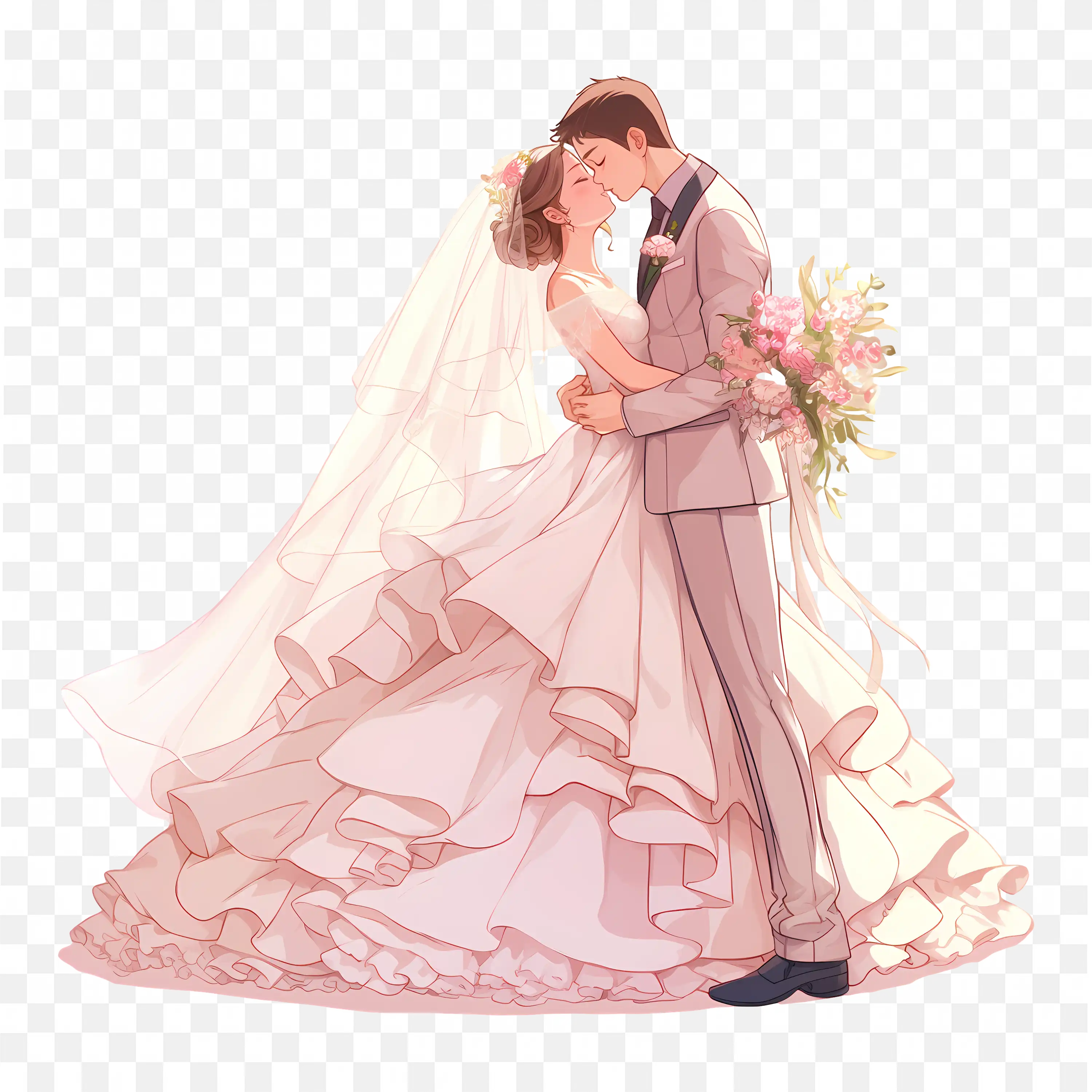 Anime Newlywed Couple Kiss Simple Romantic Illustration
