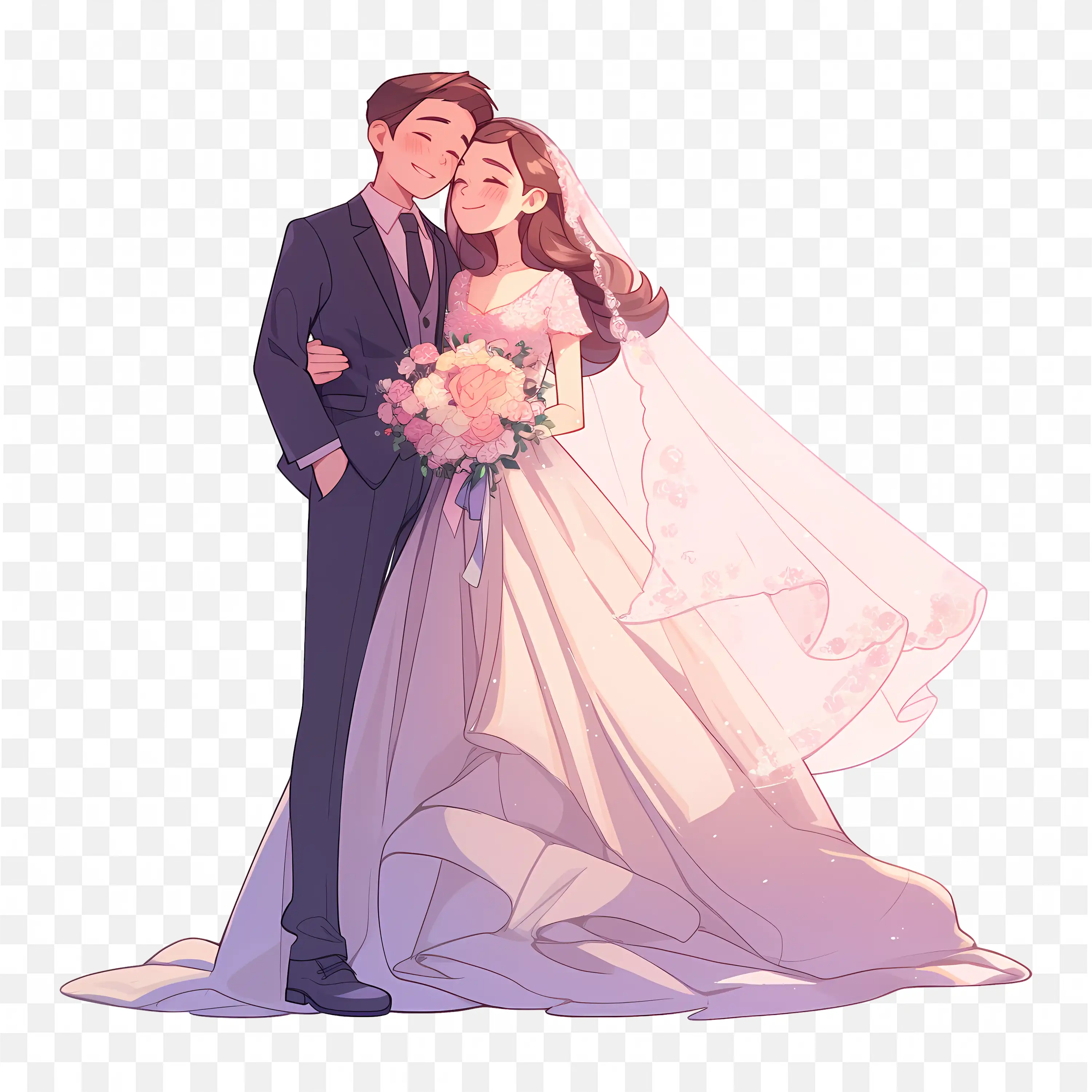 Anime Style Illustration of Happy Wedding Couple Romantic Art