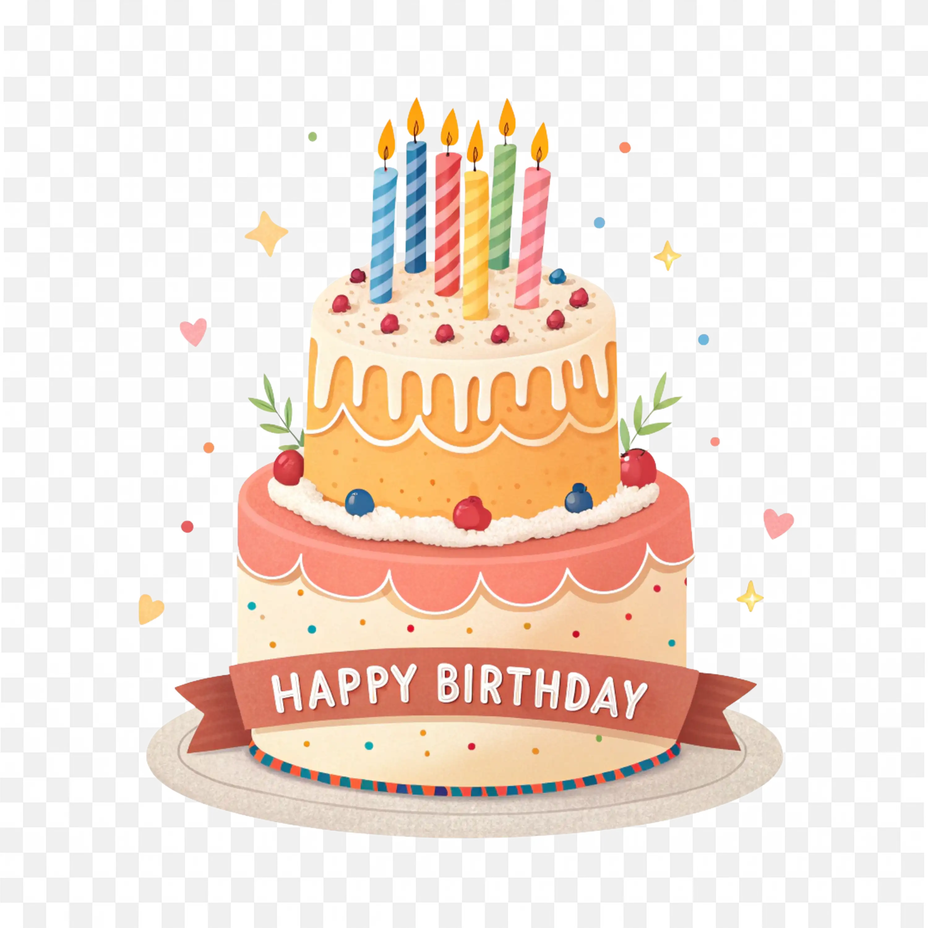 Birthday Cake with Colorful Candles and Banner Wishing Joy PNG