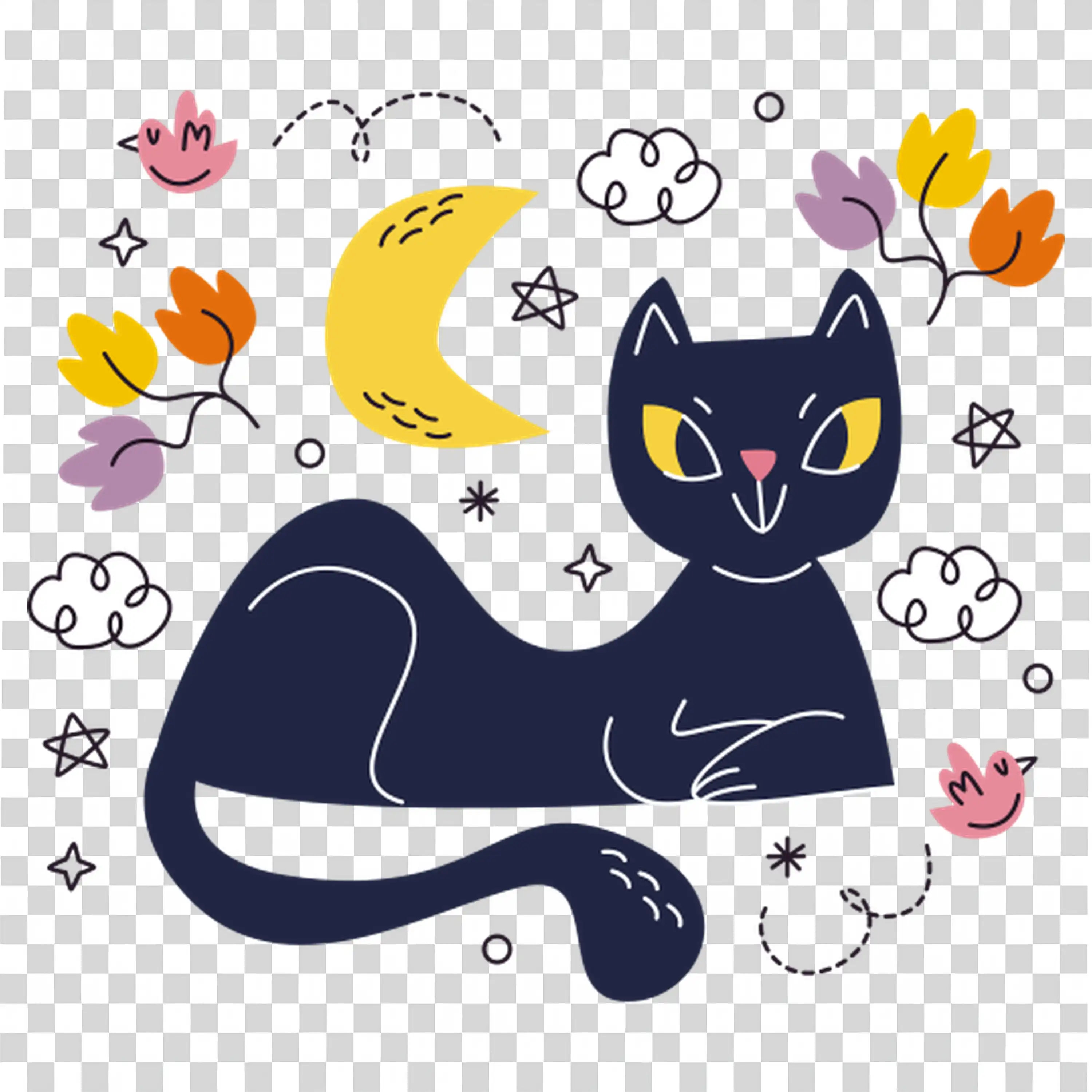 Black Cat Sitting Under Moon Stars Halloween Illustration