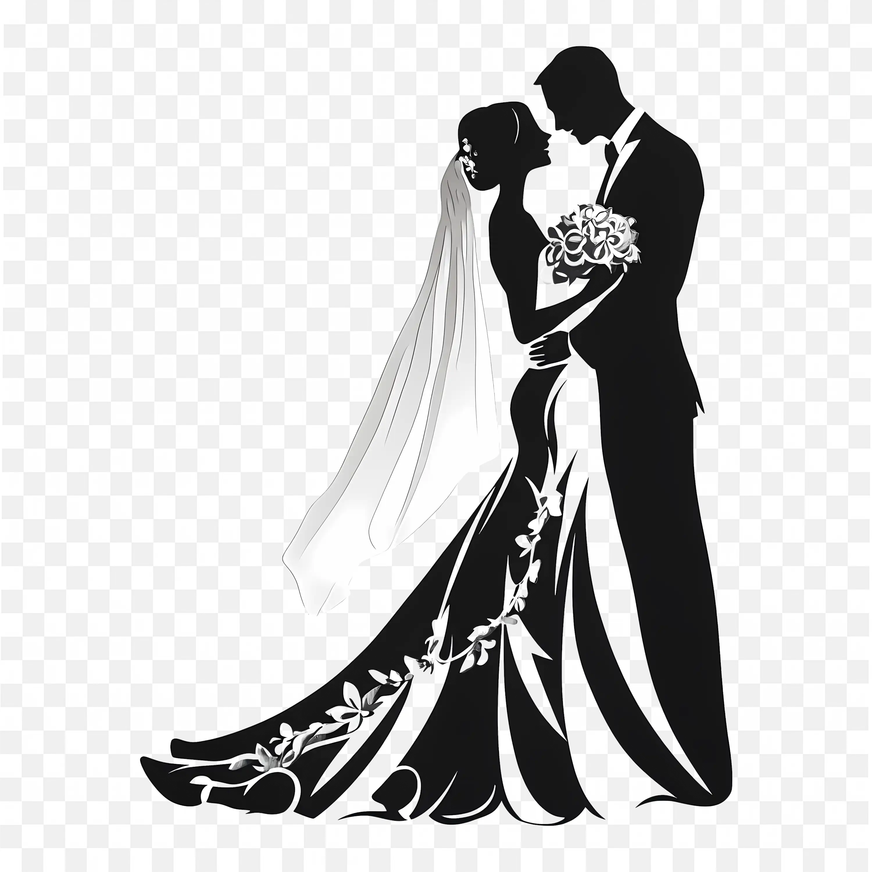 Black Silhouette Wedding Couple Elegant Bride and Groom Art