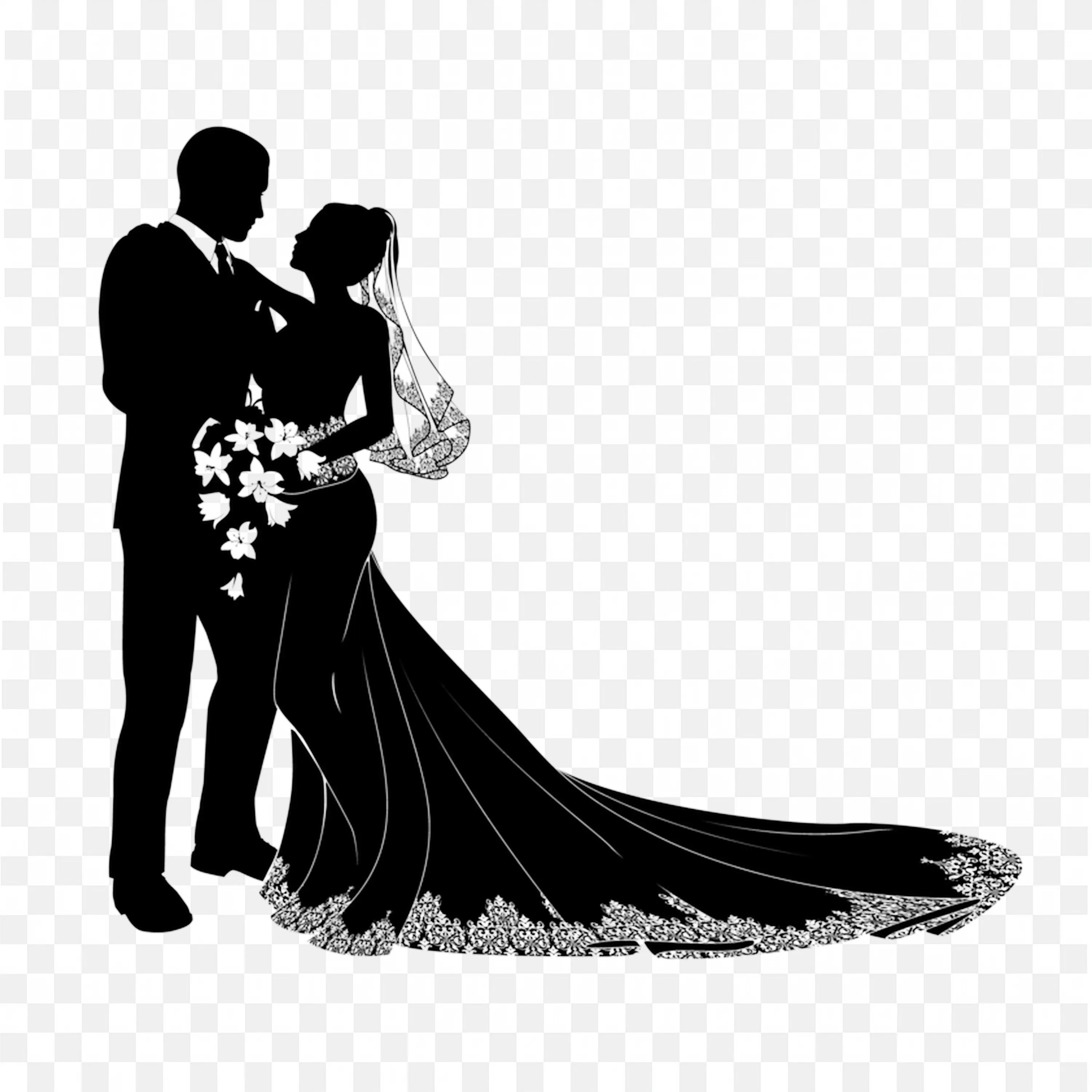 Black Wedding Couple Silhouette Romantic Pose Illustration