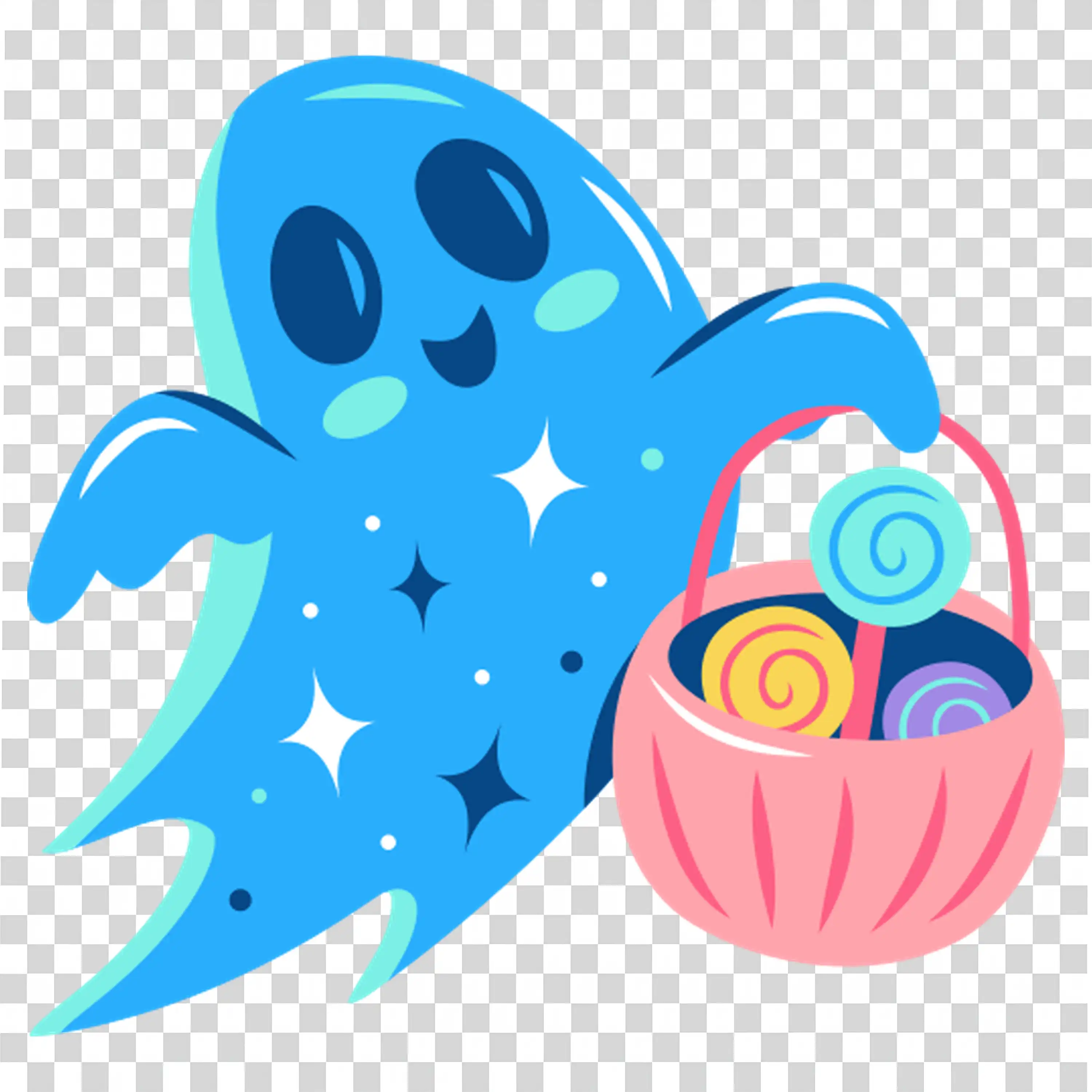 Blue Ghost Floating with Halloween Candies in Hand