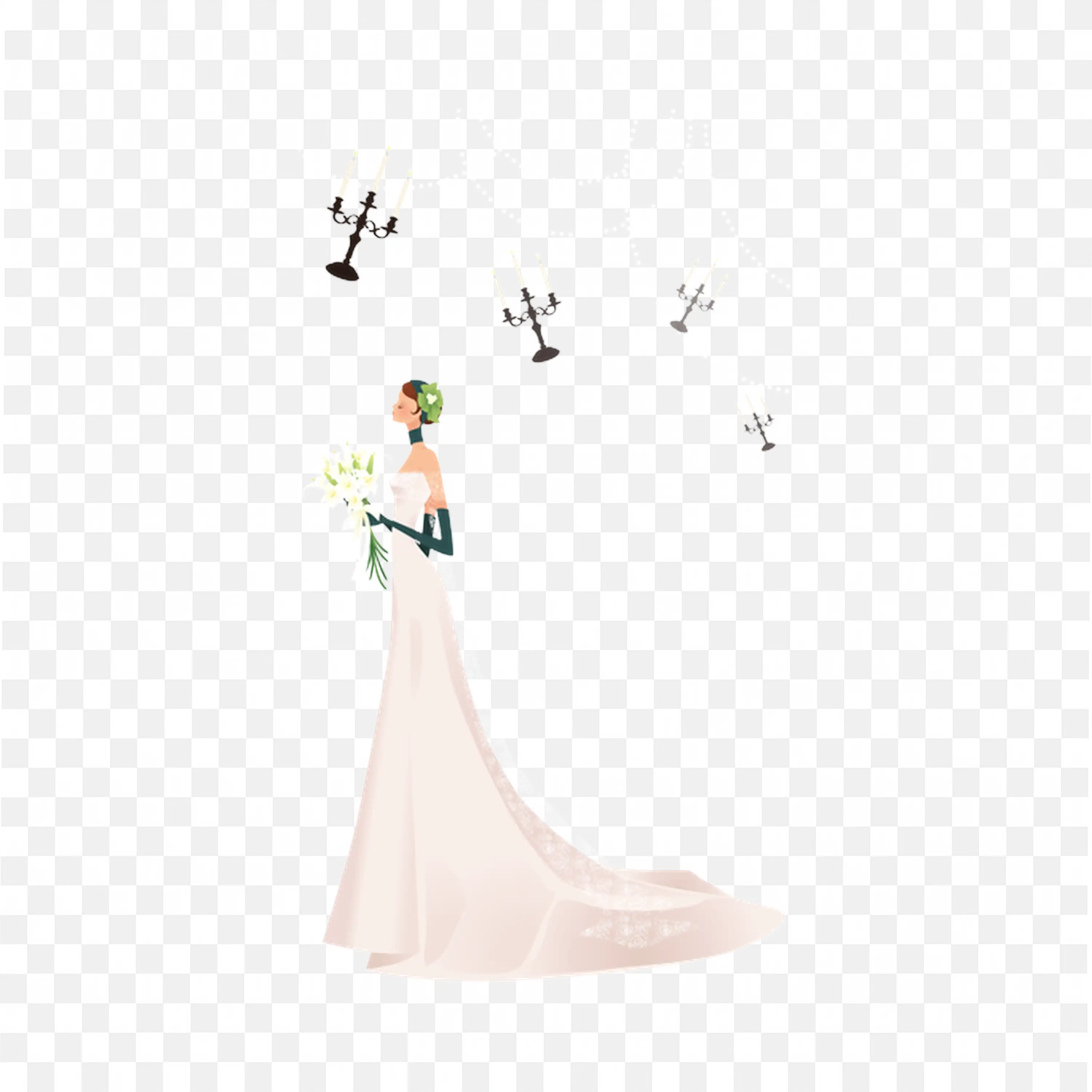 Bride with Bouquet and Candelabras Elegant Vector Illustration