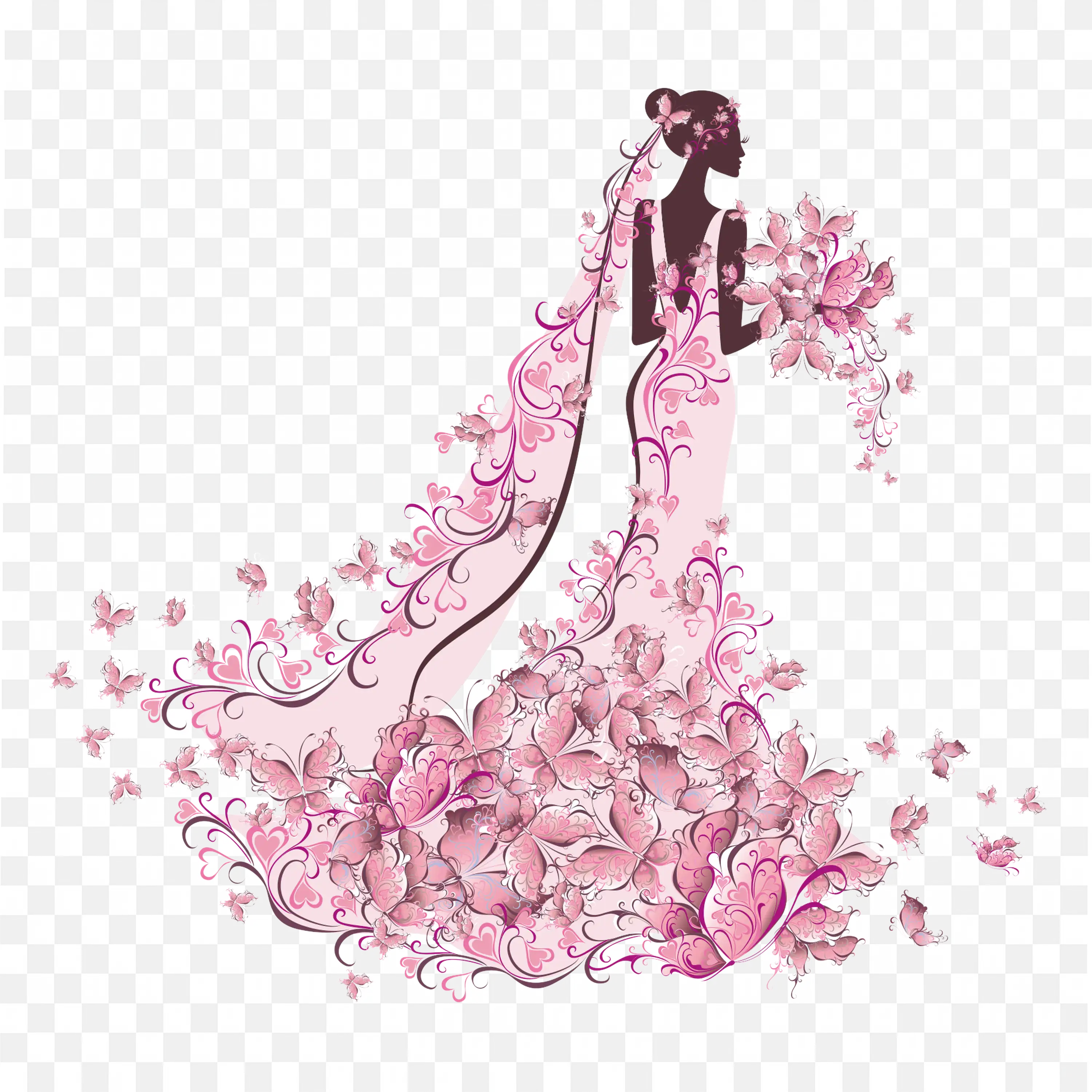 Bride in Floral Dress with Butterflies Elegant Vector Art
