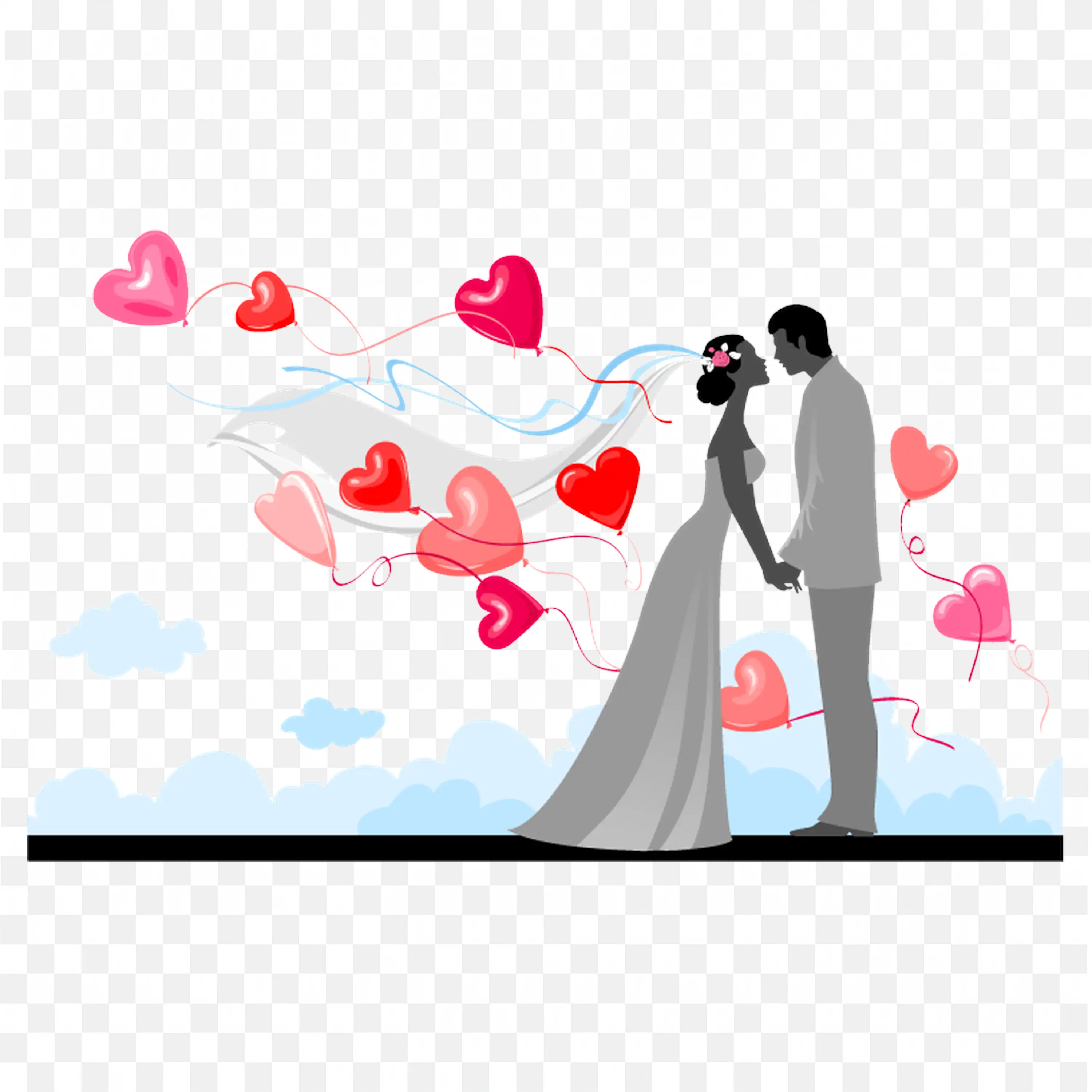 Bride and Groom with Flying Hearts Romantic Love Design