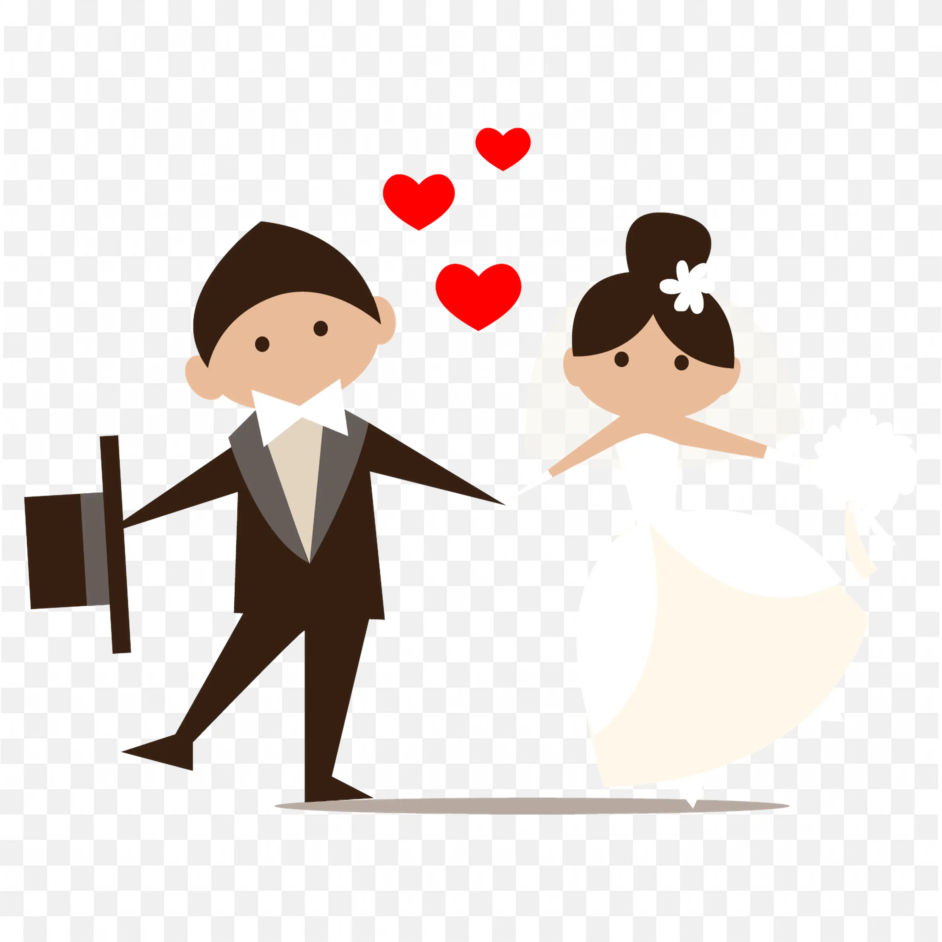 Bride and Groom with Hearts Romantic Wedding Cartoon Style