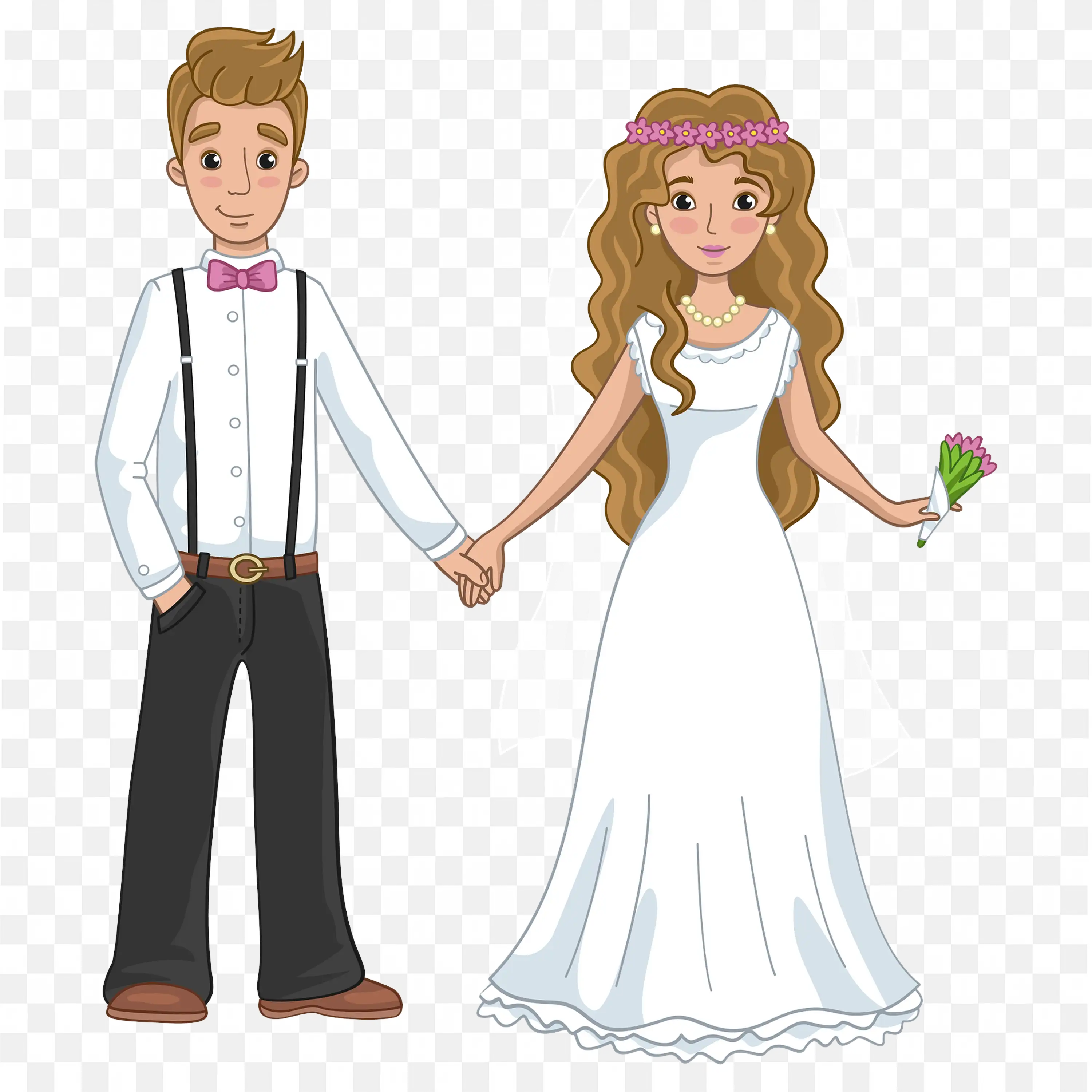 Bride and Groom Holding Hands Smiling in Wedding Clothes